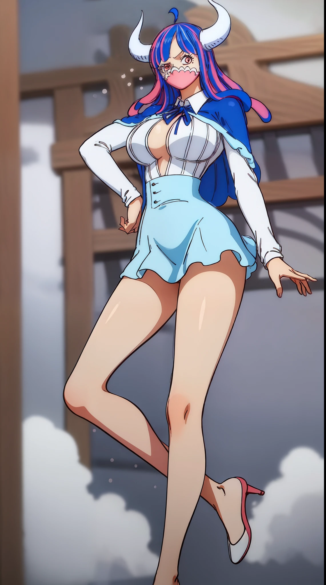 Ulti from one piece, blue hair, red eyes, pink mask, horns, wearing a long-sleeved minidress that is white and pleated above the waist, ends in a short skirtt, red heels, booty, back view, hands on hip,