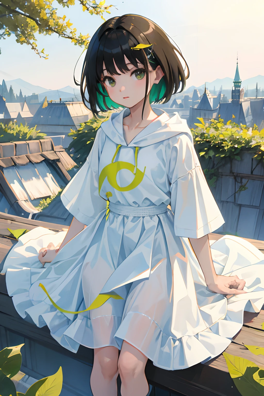 (child),(masterpiece,Highest Quality),Light green hoodie with short sleeves,(Long skirt with white gingham check),A dark-haired,On the rooftop,observitory,the woods,mont,Colored leaves,momiji
