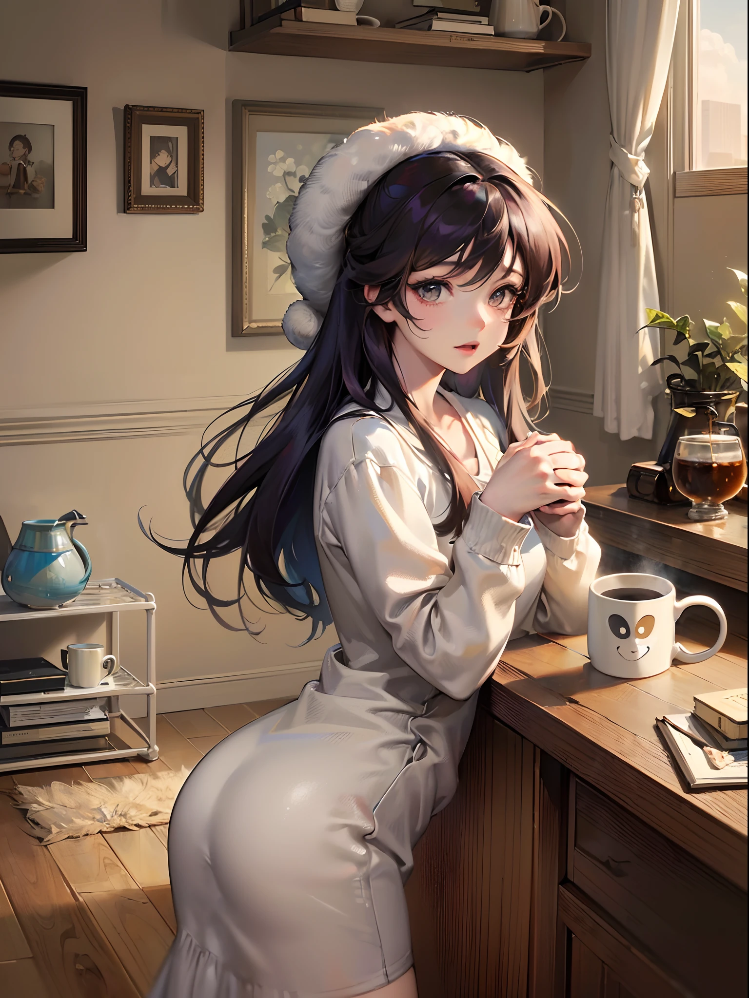 ((Finest quality)),(超A high resolution),(ultra-detailliert),((Best Anime)),sharpnes,Vivid:1.1,The art of astounding depiction, (1 adult female),mug cup:1.3,((Hold the mug in both hands:1.5)),Her room:1.3