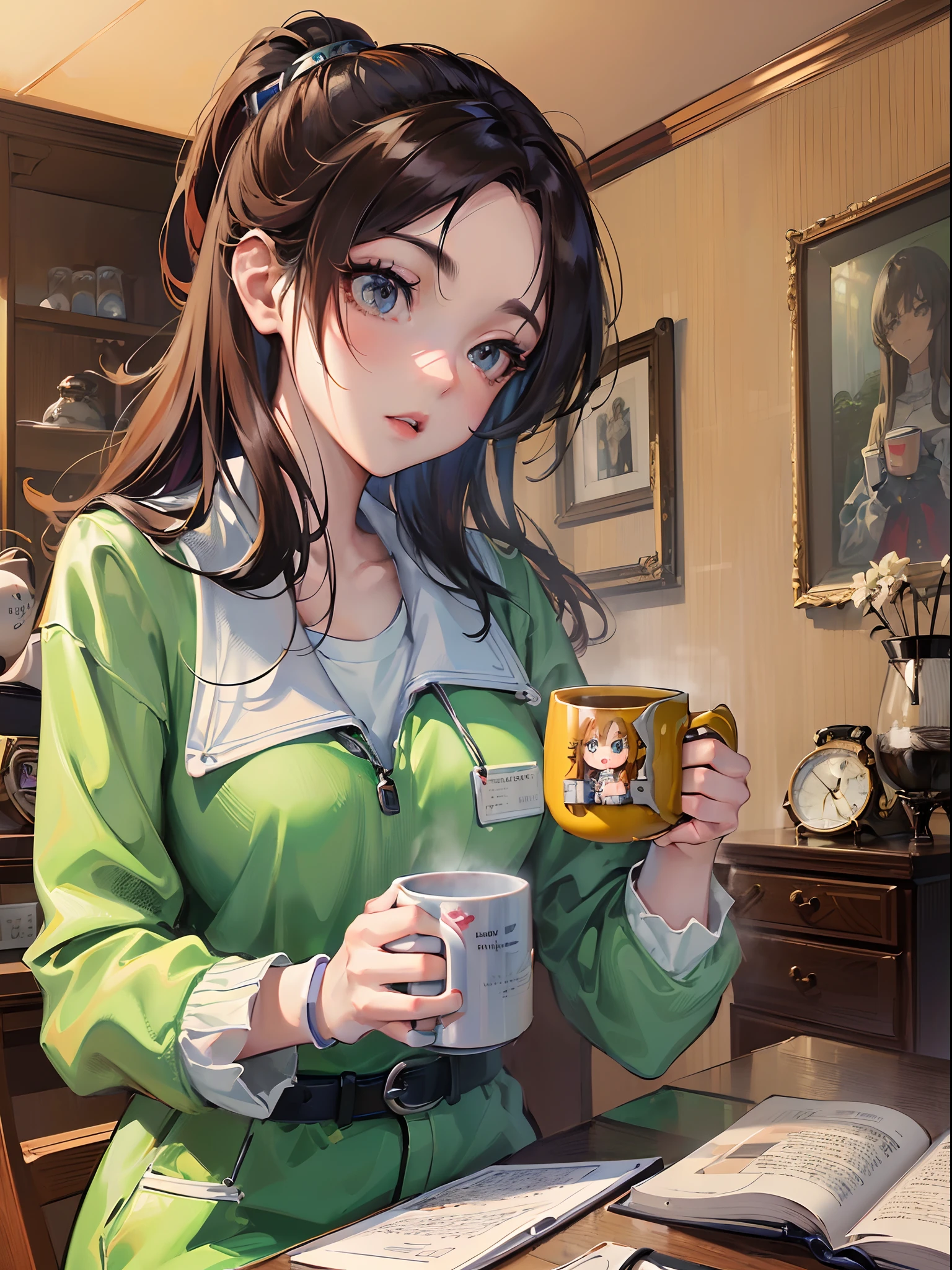 ((Finest quality)),(超A high resolution),(ultra-detailliert),((Best Anime)),sharpnes,Vivid:1.1,The art of astounding depiction, (1 adult female),mug cup:1.3,((Hold the mug in both hands:1.5)),Her room:1.3
