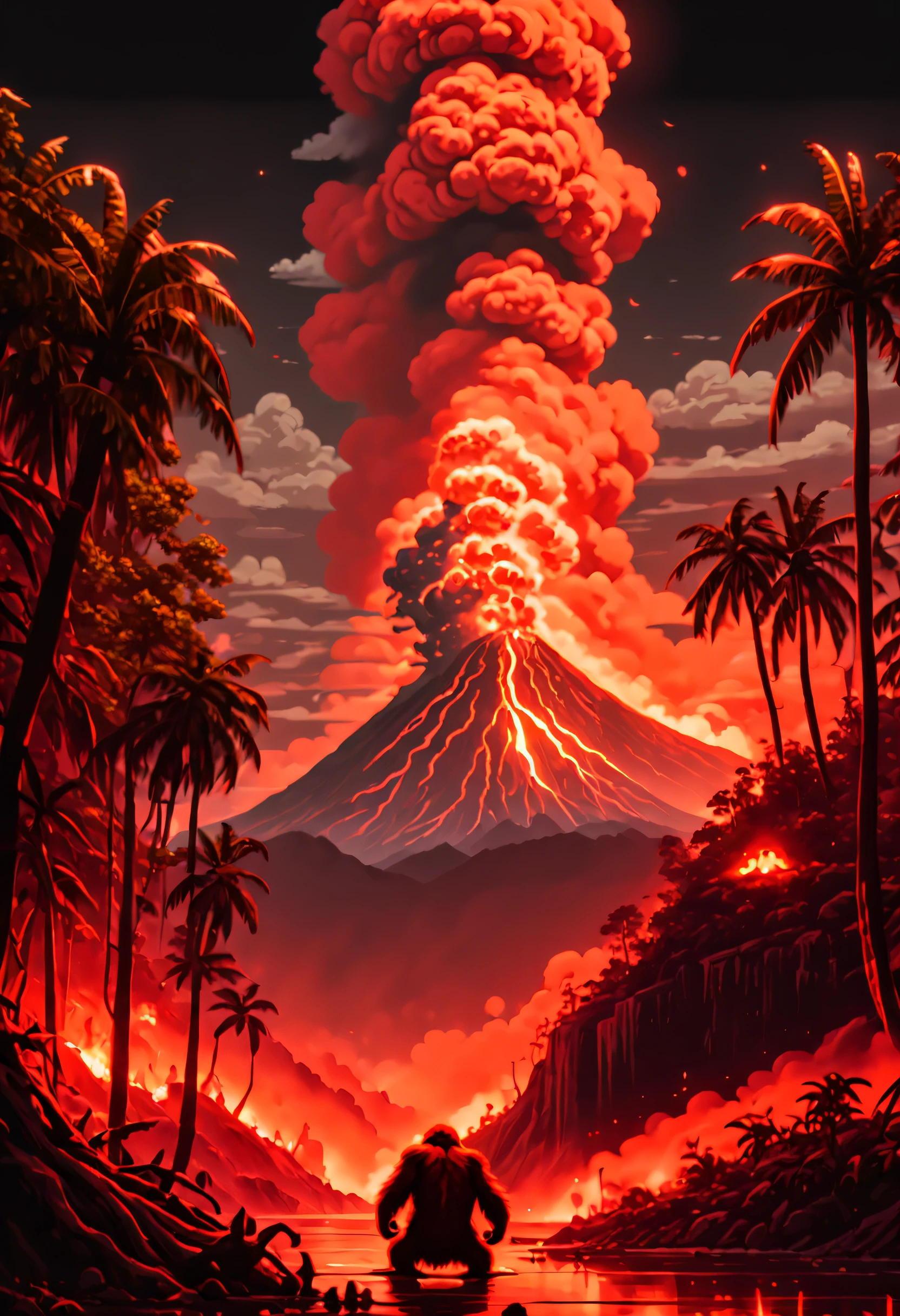 (Best quality,4K,8K,A high resolution,Masterpiece:1.2)，Radioactive contamination and volcanic eruptions，Smoke billowed out，A group of orangutans waved their arms irritably because of the eruption of the volcano,creating a surreal ambiance. Bathe in a moonlight volcanic eruption， Cast an eerie glow on the smoke hovering in the air.pixelart