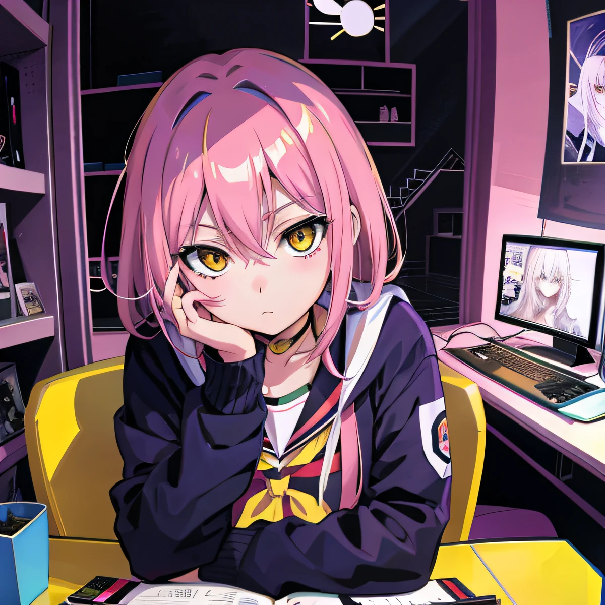 High school students,Yellow hair,yellow eyes,Navy blue cardigan，dual horsetail，long whitr hair