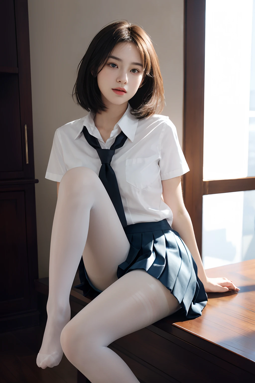 ultra realistic 8k cg, picture-perfect face, flawless, clean, masterpiece, professional artwork, famous artwork, perfect face, beautiful face, beautiful eyes, ((perfect female body)), solo,(immersive atmosphere, chiaroscuro:1.5,bright light:1.2,luminous lighting)
,,(blush:0.5),seductive expression,extremely detailed_eyes,thick thighs,large breasts,
beautifully detailed background,depth of field,realistic:1.3, long shot,1girl,shirt,pleated skirt, school uniform, sitting, full body,
(ambient light:1.3),(cinematic composition:1.3),(neon lights:0.1),(HDR:0.1),Accent Lighting, white pantyhose,