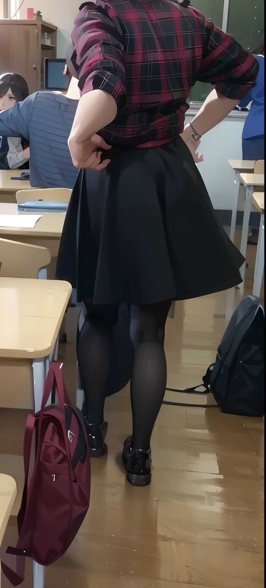 A woman is standing in the classroom with a backpack, hips and skirt, standing in class, wearing skirt, wearing skirt and high socks, black skirt, wearing a black dress, wearing a black dress, in class, She is dressed in a black dress, wearing skirt, legs visible, in the school classroom, in black clothes, dressed in black