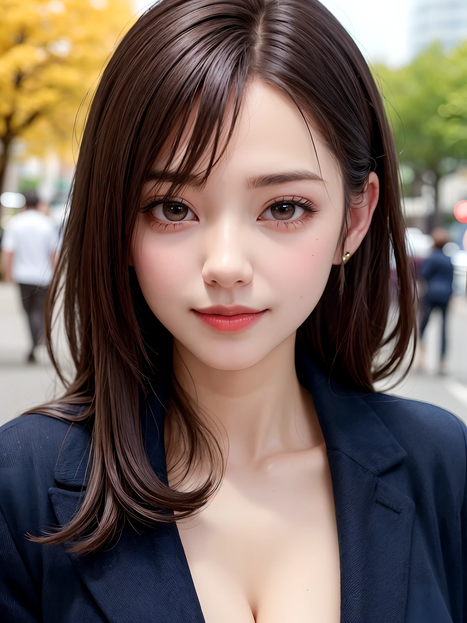 (Face Focus、Very eye focus、Head tilt、Very chest focus、hyper realisitic、Photorealistic、masutepiece:1.4, top-quality:1.4、Add intense highlights to the eyes:1.4、short shiny hair:1.4 ),1girl in, 独奏, short dark hair, scarf, Hats,, realisitic, looking at the viewers, brown eyes of light color,, shorth hair, coat, Winter clothes, White headscarf, s lips, lipgloss:1.4,bangss,a closed mouth, The upper part of the body、big eye、Lashes、((Street))、((Shorthair with bangs:1.4、big eye、Put very strong highlights in your students、{Gigantic|Big|Huge|Mega} breasts, cleavage、very Bigger breasts、gazing at viewer、Very beautiful beauty、Put your ears out、long neck、little smiling、Close your mouth and smile)))、Beautiful adult woman full of charm:1.4、(Autumn leaves are blue without people or cars々tree-lined street)