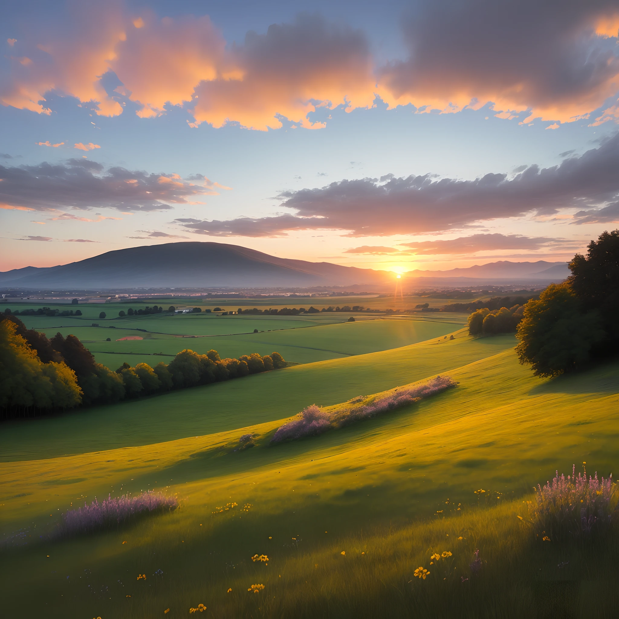 Sunset on the hill with green meadows.