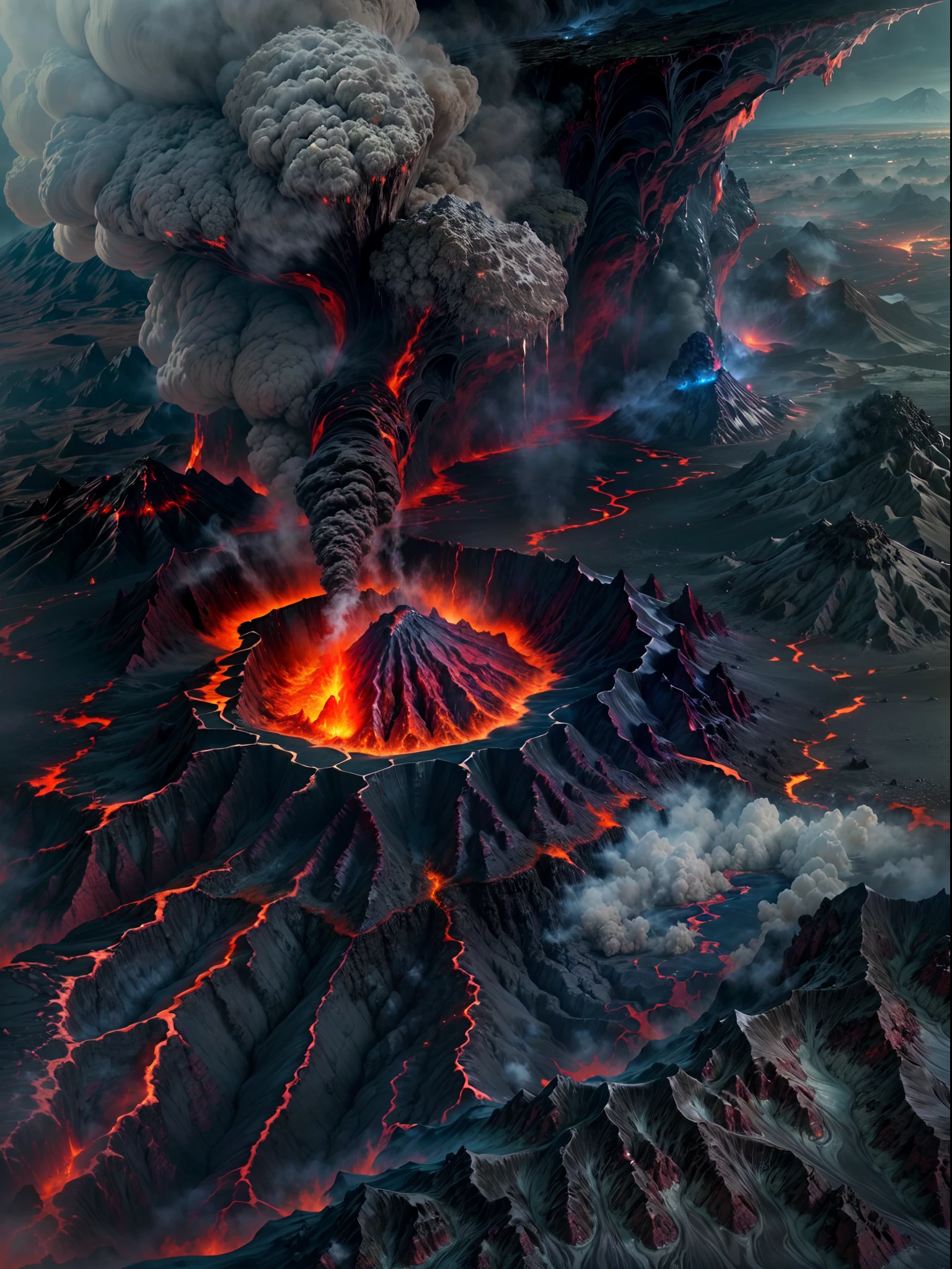 (Best quality,4K,8K,A high resolution,Masterpiece:1.2), (The power of nature, Best quality, Ultra-detailed, a volcano erupts, Lava flowing, Blazing magma, Smoking crater, dramatic landscape, Dark ominous sky, Fire red and orange, Thick billowing smoke,Molten rock, Red volcanic magma flowing in the fissure，Liquid magma，A large amount of liquid magma，Destruction and chaos, intense heat, Crumbling mountains, Ashes and debris, Cracks in the Earth's surface, erupting volcano in distance,steam vents,Treacherous terrain,Intense heat wave）