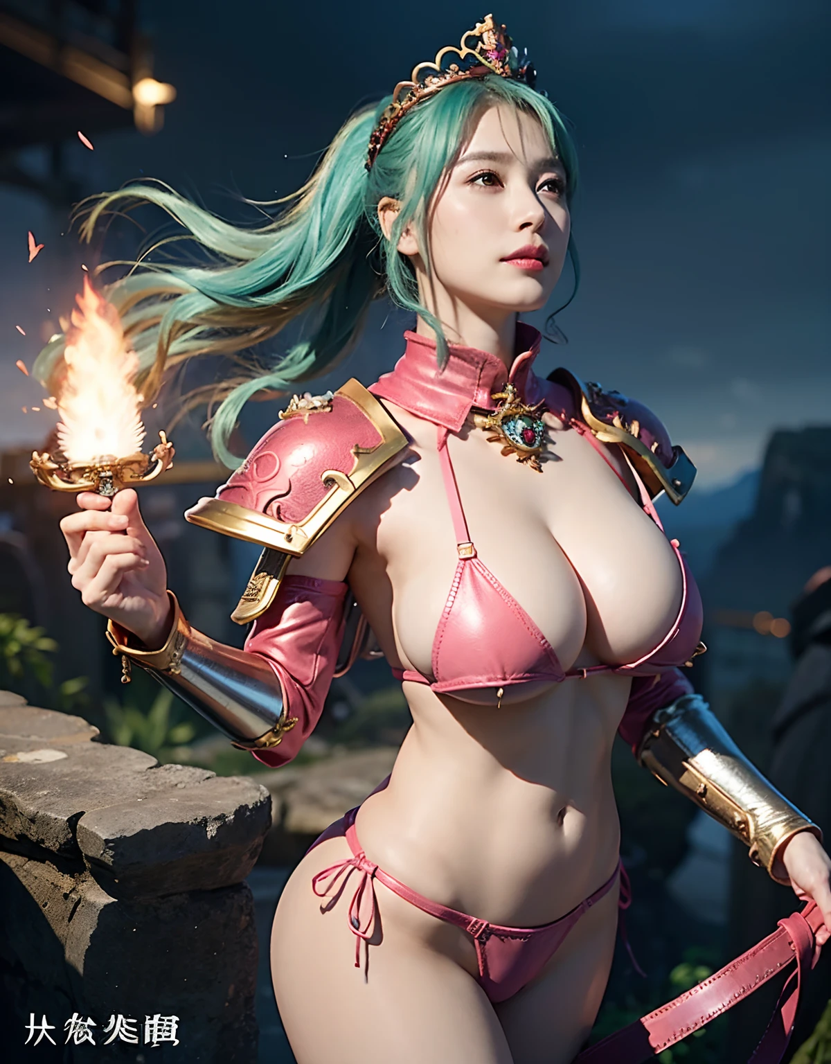 Professional , masterpiece、top-quality、photos realistic 、超A high resolution、(Photorealsitic:1.4)、Raw photo、depth of fields (Gemstone Gold Metal Body:1.9),(Matte White、Toostock、((Mansuji))、(cleavage of the breast)、(((heavy breasts、Colossal tits)))),(((Pink Leather Micro Bikini Armor))),(Detailed Dragon Armor)、(Have the strongest weapon)、((super realistic details))、portlate、globalillumination、Shadow、octan render、highly intricate detail、Realistic light、((Random Hairstyles 1.6),Dark Fantasy)、highly intricate detail、Realistic light、(Precipitous cliffs),Mystical expression、Particles of light、Gorgeous Silver Weapons ,(( Dragon's dense and gorgeous sword)) , Beautiful knife ,warhammer 40k ,Detail and gorgeous crown、((Blue hair))、(Castle background)、、((Gangle's forest background))、Beautiful Caucasian beauty、1a person、dynamic ungle,(()))、Smaller head、A smile、Castle background、Thin and beautiful female hands、Mystical expression、Light Effects、intense fighting、Wind-effect、magic circles、With the legendary magic wand、(demonic wings)、Toostock、Navel、Full Body Angle、