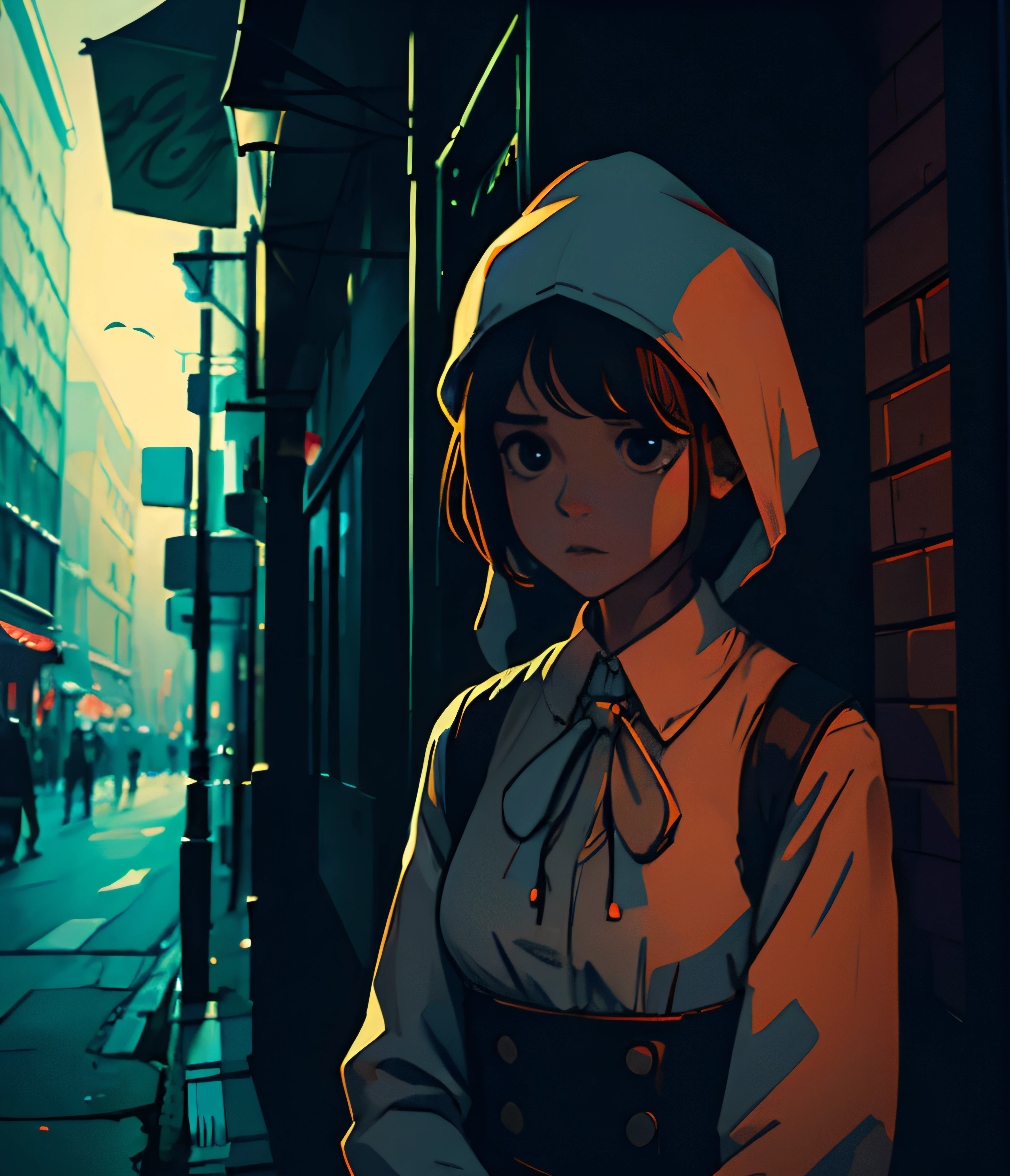 horror decorations in the city, girl wearing horror ghost costume