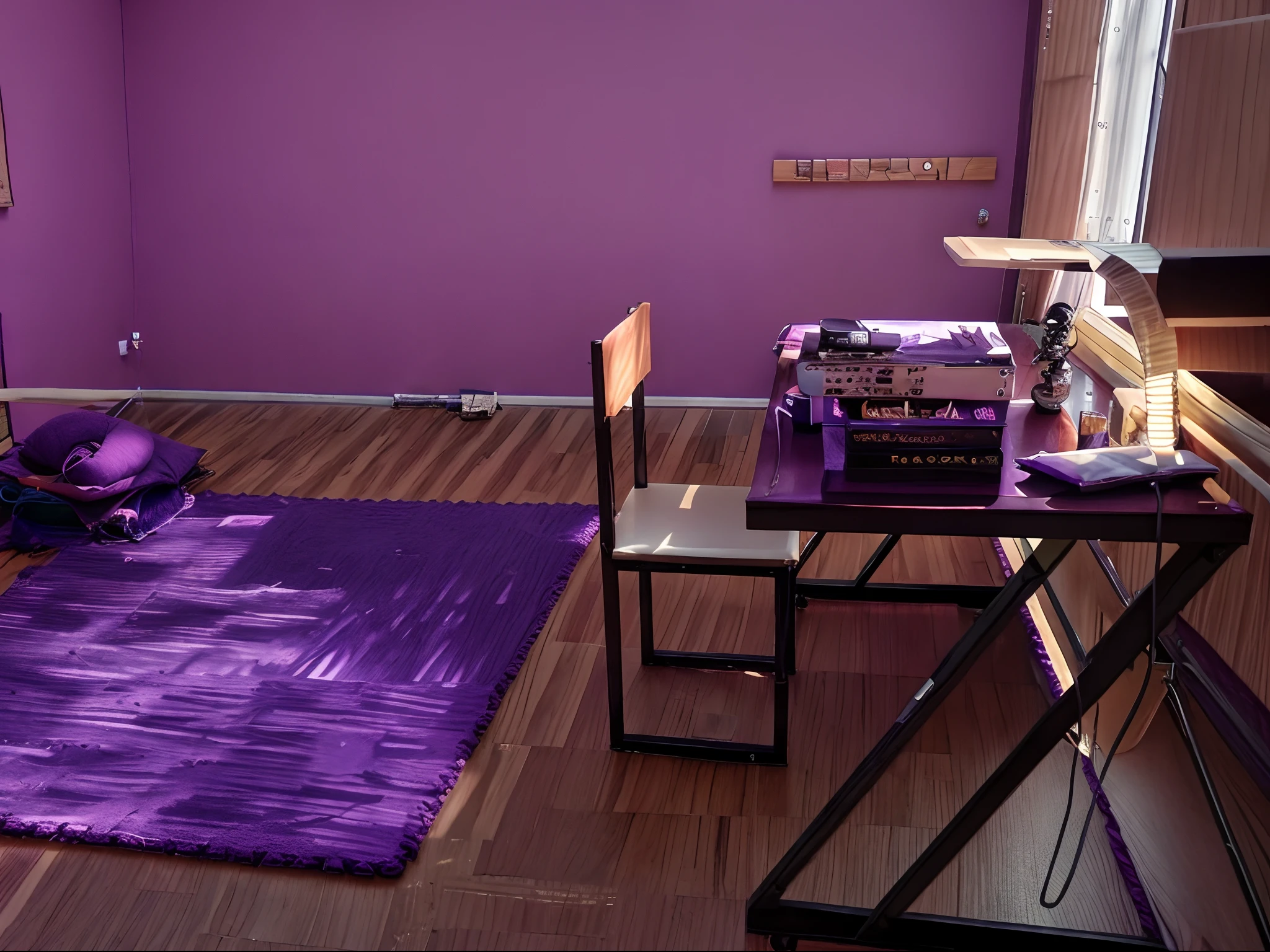 purple mat on the floor, completely filled space, indoor setting, photograph of 3d ios room, full subject shown in photo, high light on the left, beautiful creative space behind, indoor picture, low light room, with backdrop of natural light, peaceful environment, whole room, small room, hidden area, an escape room in a small