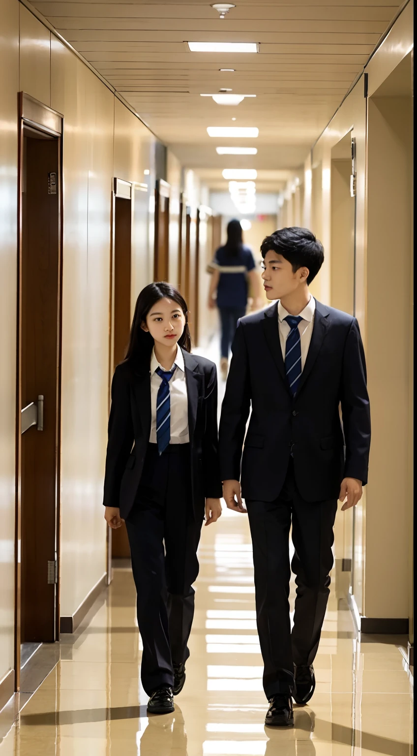 there are two young Asian student walking down a long hallway together, in school hallway, man left side, both wearing school uniform with long trouser, man and woman walking together, 😭🤮 💔, walking together, in the background, high school