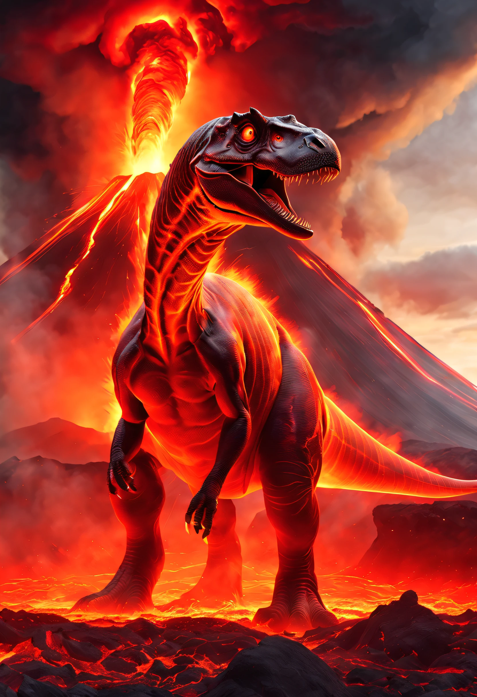 (8K, Highest quality, high resolution, Super detailed), Ancient volcanoes, Major eruptions, Tricererasaurus standing on the ground, molten lava, Shiny red magma, Flowing magma, A massive eruption that wiped out dinosaurs, Black smoke, Lava meteors, natural disaster, Burning earth, fire element