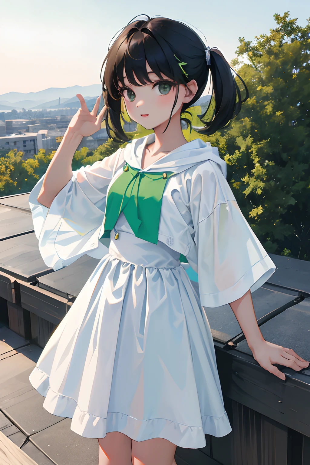 ()，（​masterpiece，Highest Quality），Light green hoodie with short sleeves，(Long skirt with white gingham check)，A dark-haired，On the rooftop，observitory，the woods，mont