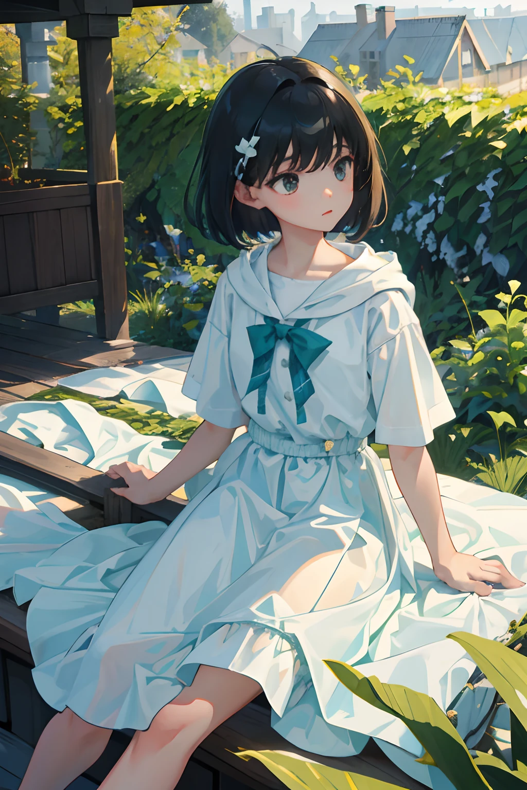 ()，（​masterpiece，Highest Quality），Light green hoodie with short sleeves，(Long skirt with white gingham check)，A dark-haired，On the rooftop，observitory，the woods，mont