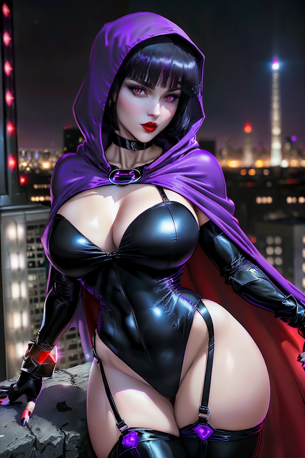 ((Raven from D.C. comic series)) ((beautiful face))((very pale skin)) (red lips) ((big bright eyes)) ((short black straight hairstyle)) ((very huge )) (perfect slim body) ((wears purple bodySuit, cape and hood)) ((choker, gloves, long stocking)) ((forehead red gem)) ((posing sexy onycrapper rooftop at night)) (high definition, dynamic lights and shadows) ((masterpiece)) (8k) (perfect face) (best quality) (perfect hands and eyes)