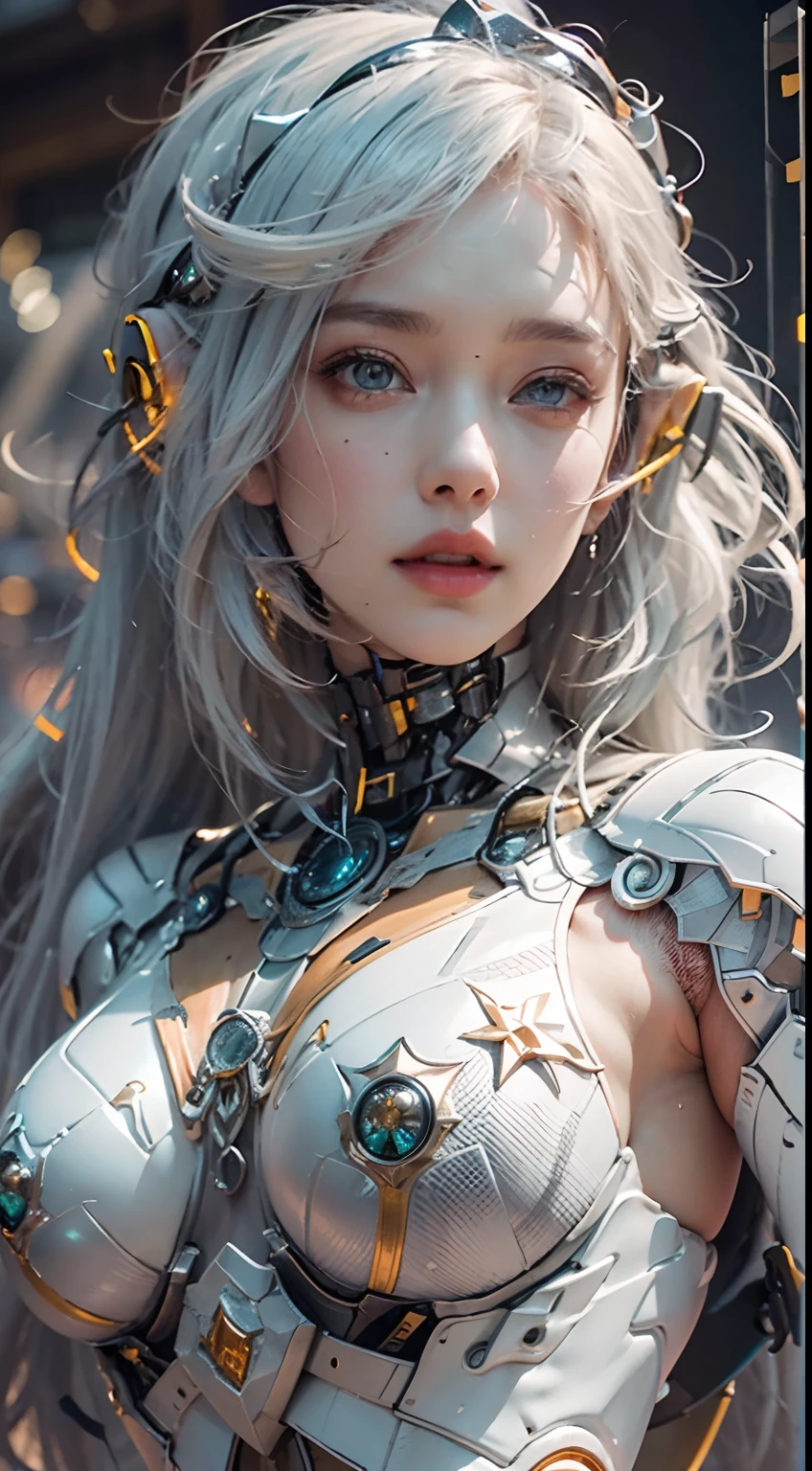 ((Best Quality)), ((Masterpiece)), (detailed: 1.4), HDR (High Dynamic Range),Ray traching,NVIDIA RTX,The ultra-Highres,Unreal 5,Subsurface scattering, PBR Texture, Post-Processing, Anisotropic Filtering, Depth of field, Maximum Sharpness and Sharpness, multi-layered texture, Albedo and Specular maps, Surface Shading, Precise simulation of light-material interactions,  perfectly proportions, octan render, Two-tone illumination,Wide Aperture,low ISO,white balance,rule of thirds,8K Raw,Exposed metal skeleton, Female elves, White porcelain body, white haired, wlop glossy skin, 1 Cyborg Girl, beautifull face, Detailed face, perfectly proportions, Burst breasts, Beautiful waist, navels, big size ass, Round shape, Neat and neat buttocks((ultra-realistic detail)), tits huge, neon details, (random pose、dynamicposes,:1.2)