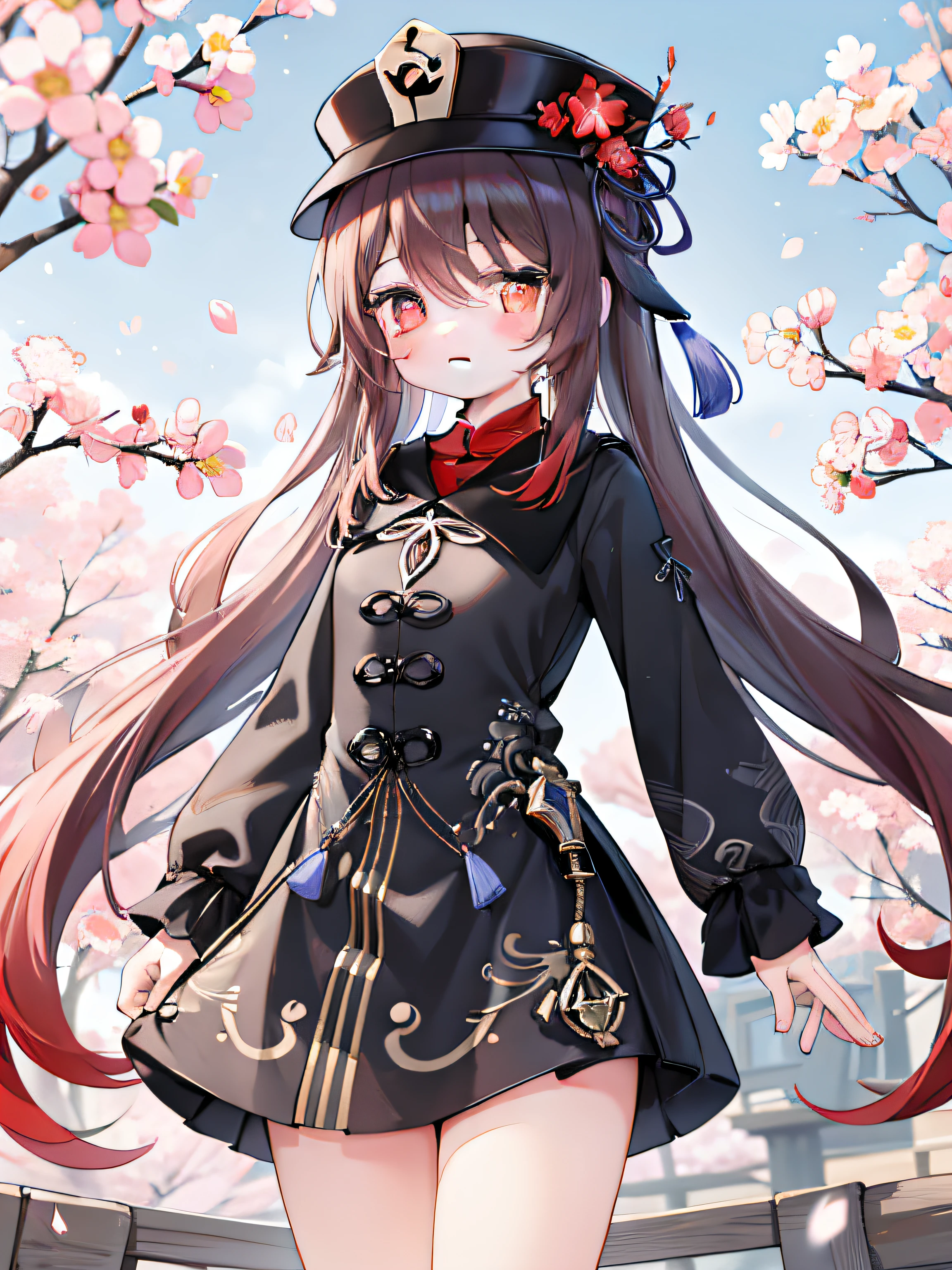 2d, masterpiece, best quality, anime, highly detailed eyes, highly detailed face, highly detailed background, perfect lighting, cowboy shot, feet out of frame, 1girl, solo, standing, hu tao \(genshin impact\), symbol-shaped pupils, flower-shaped pupils, hat, red flower, red eyes, cherry blossoms ,