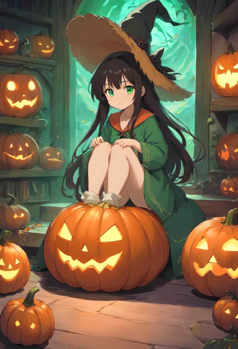 Good in Chevu,1girl in,Strange pumpkin sitting on 1,full-body view,Scary pumpkin bottom,Dressed as a witch,Big witch's hat,leges_Haute,Mini_skirt by the,grand_lower back,change,ghosts, Halloween, immensity_breastsout,cleavage cutout,red blush,Ahegao_faces,A dark-haired,green colored eyes,Cordi Forum_Pupils,long_haar,Small size,detaileds,