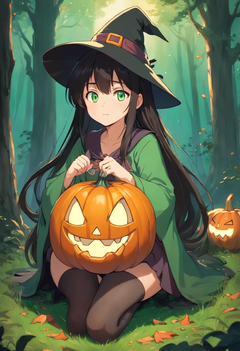 Good in Chevu,1girl in,Strange pumpkin sitting on 1,full-body view,Scary pumpkin bottom,Dressed as a witch,Big witch's hat,leges_Haute,Mini_skirt by the,grand_lower back,change,ghosts, Halloween, immensity_breastsout,cleavage cutout,red blush,Ahegao_faces,A dark-haired,green colored eyes,Cordi Forum_Pupils,long_haar,Small size,detaileds,