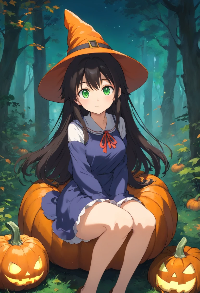 Good in Chevu,1girl in,Strange pumpkin sitting on 1,full-body view,Scary pumpkin bottom,Dressed as a witch,Big witch's hat,leges_Haute,Mini_skirt by the,grand_lower back,change,ghosts, Halloween, immensity_breastsout,cleavage cutout,red blush,Ahegao_faces,A dark-haired,green colored eyes,Cordi Forum_Pupils,long_haar,Small size,detaileds,