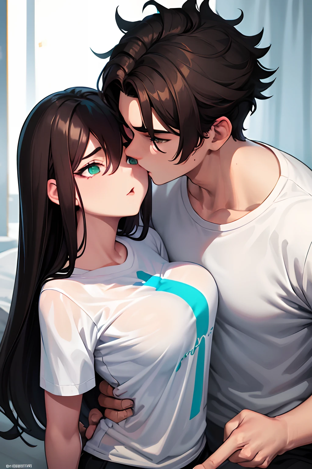 tmasterpiece, beste-Qualit, hight resolution, guy, black hair, Medium build, quiff, hair between the eyes, Cyan eyes, white tshirt, kissing a girl with long dark brown hair, green eyes, white shirt, big breasts