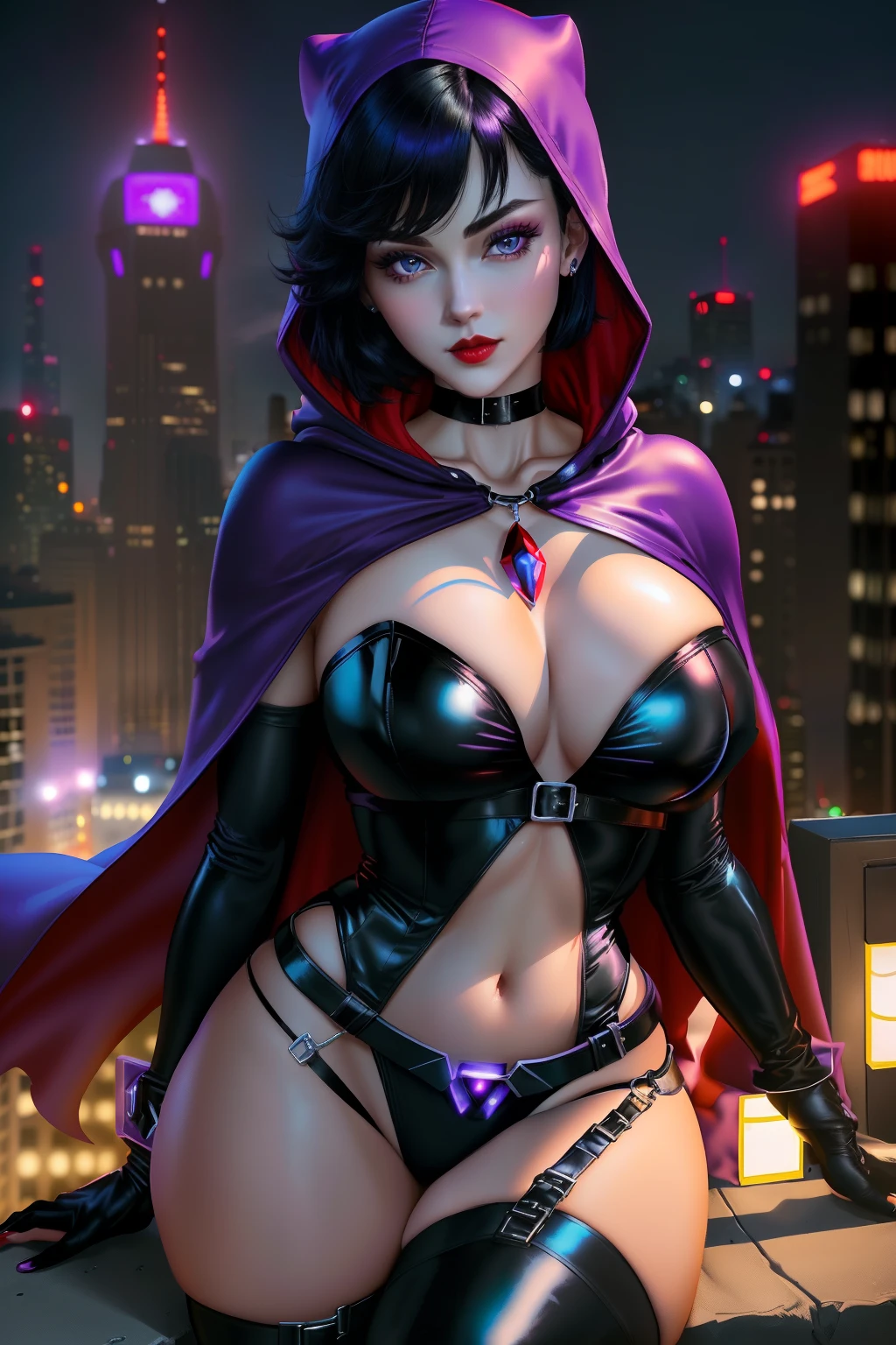 ((Raven from D.C. comic series))  ((beautiful face))((very pale skin)) (red lips) ((big bright eyes)) ((short black hairstyle)) ((very huge breasts)) (perfect slim body) ((wears purple bodySuit, cape and hood)) ((choker, gloves, long stocking)) ((forehead red gem, red gems chain belt)) ((posing sexy on skycrapper rooftop at night)) (high definition, dynamic lights and shadows) ((masterpiece)) (8k) (perfect face) (best quality) (perfect hands and eyes)