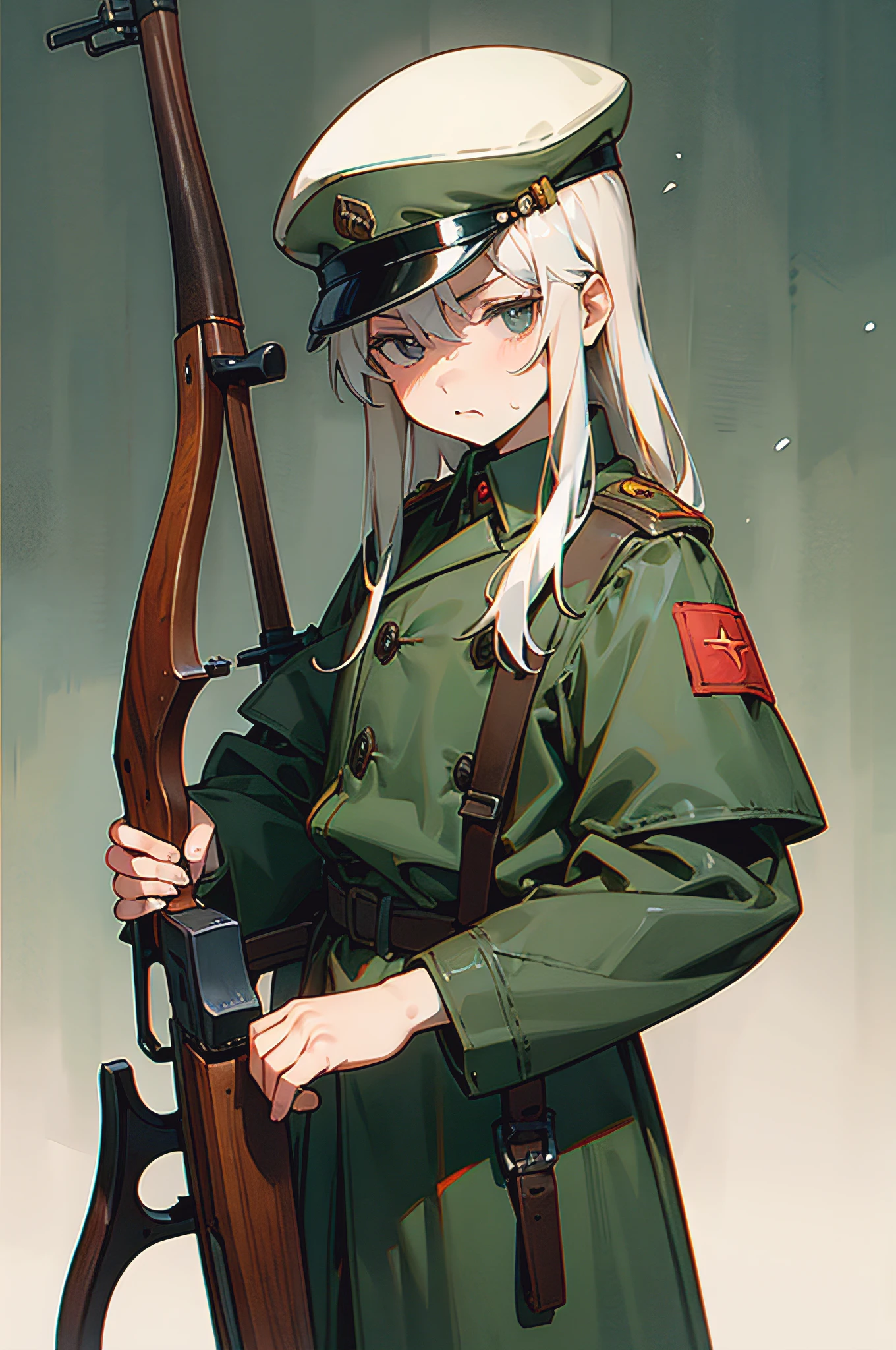 Gawr Gura wearing Soviet Uniform, carrying Mosin Nagant 1891 bolt action rifle with scope, background in trench, sad face looking at viewer.