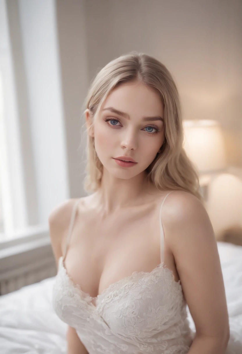 Arafed woman in full , Sexy girl with blue eyes, ultra realistis, Meticulous detail, portrait sophie mudd, blonde hair and large eyes, selfie of a young woman, bedroom eyes, violet myers, no makeup, natural makeup, looking straight at camera, face with artgram, fine makeup, Stunning full-length shot, kneeling on the bed, in bedroom, Medium to large size bust, wearing