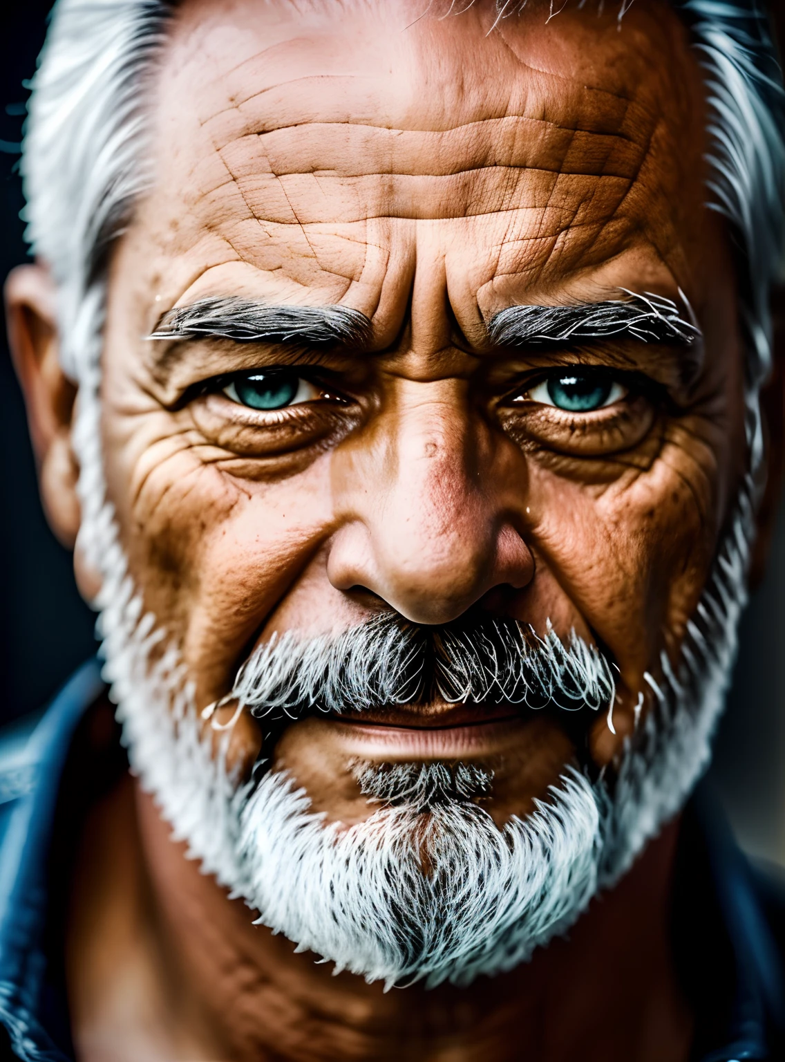 An epic close-up portrait of old men with brown skin, olhos azuis sinistros intensos, e nariz com longa barba branca, com os cabelos escuros e soltos, reflecting golden sparks in the irises of the eyes, sobrancelhas brancas, in the nighttime, lighting dramatic, alto contraste, highes definition, hiperrealismo, hiperrealista, fotorrealista, alta resolução, fotografia HDR, 8k