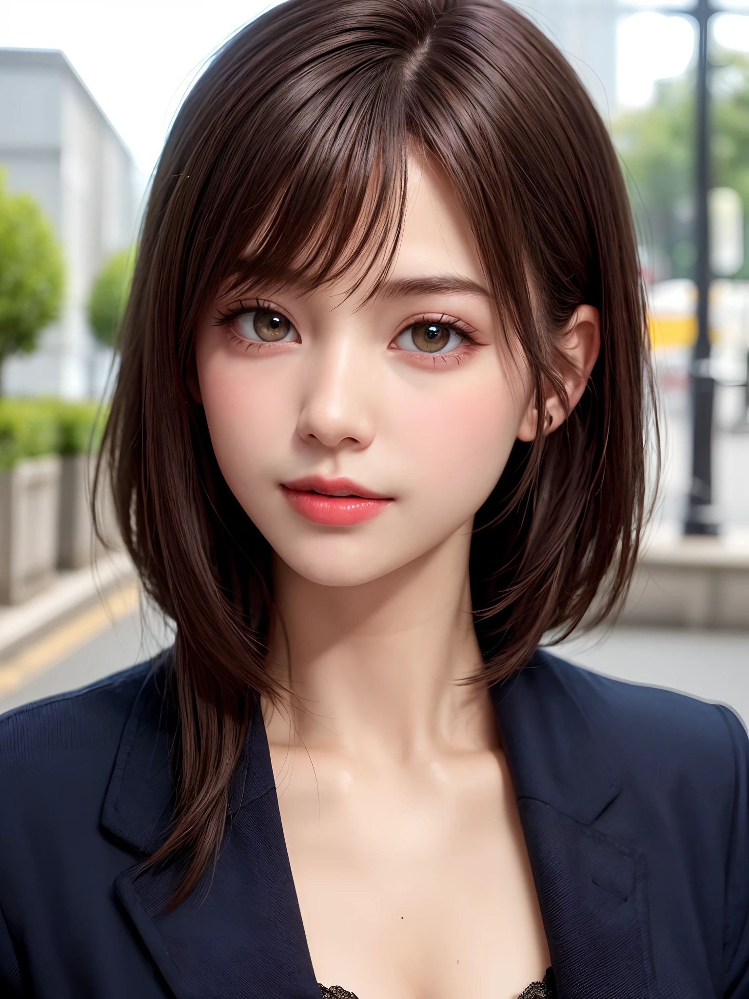 (Face Focus、Very eye focus、Head tilt、Very chest focus、hyper realisitic、Photorealistic、masutepiece:1.4, top-quality:1.4、Add intense highlights to the eyes:1.4、short shiny hair:1.4 ),1girl in, 独奏, short dark hair, scarf, Hats,, realisitic, looking at the viewers, brown eyes of light color,, shorth hair, coat, Winter clothes, White headscarf, s lips, lipgloss:1.4，bangss,a closed mouth, The upper part of the body、big eye、Lashes、((Street))、((Shorthair with bangs:1.4、big eye、Put very strong highlights in your students、{Gigantic|Big|Huge|Mega} breasts, cleavage、very Bigger breasts、gazing at viewer、Very beautiful beauty、Put your ears out、long neck、little smiling、Close your mouth and smile)))、Beautiful adult woman full of charm:1.4、(Autumn leaves are blue without people or cars々tree-lined street)