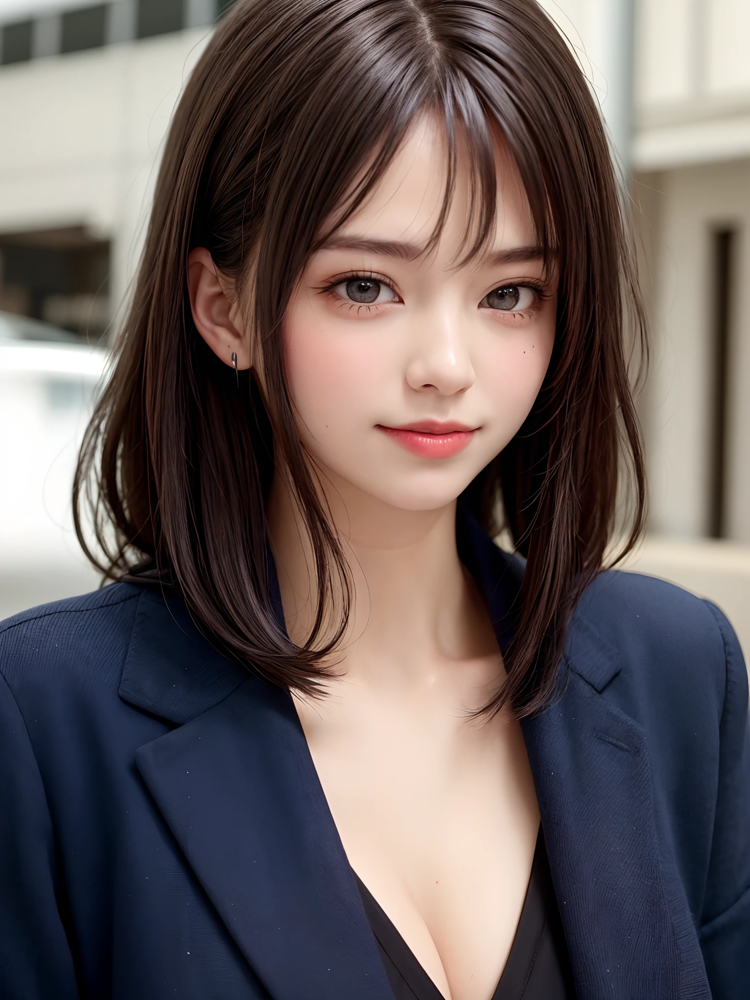 (Face Focus、Very eye focus、Head tilt、Very chest focus、hyper realisitic、Photorealistic、masutepiece:1.4, top-quality:1.4、Add intense highlights to the eyes:1.4、short shiny hair:1.4 ),1girl in, 独奏, short dark hair, scarf, Hats,, realisitic, looking at the viewers, brown eyes of light color,, shorth hair, coat, Winter clothes, White headscarf, s lips, lipgloss:1.4，bangss,a closed mouth, The upper part of the body、big eye、Lashes、((Street))、((Shorthair with bangs:1.4、big eye、Put very strong highlights in your students、{Gigantic|Big|Huge|Mega} breasts, cleavage、very Bigger breasts、gazing at viewer、Very beautiful beauty、Put your ears out、long neck、little smiling、Close your mouth and smile)))、Beautiful adult woman full of charm:1.4、(Autumn leaves are blue without people or cars々tree-lined street)