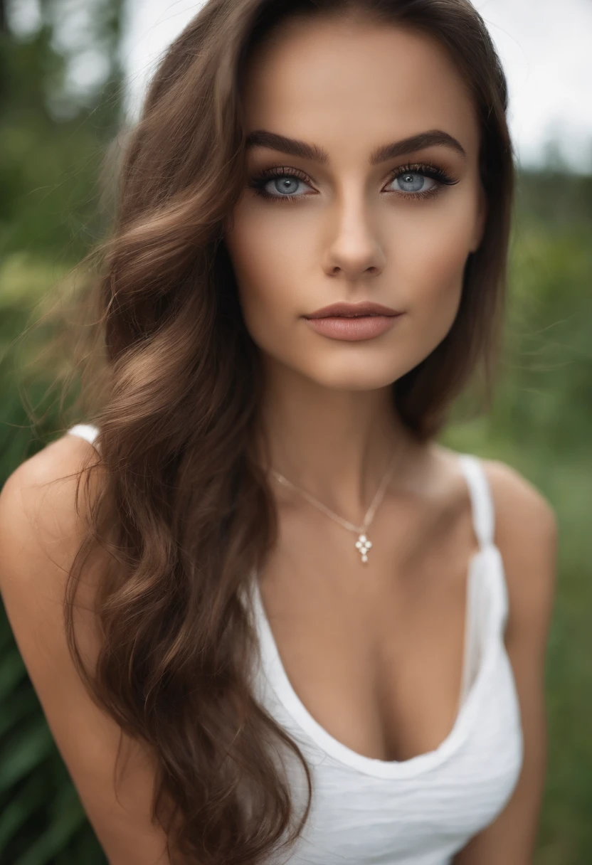 4k, June scenery, Beautiful woman, long hair, brown hair, medium breasts, blue eyes, white shirt, hot pants, neon red heart necklace, looking at viewer, night, colorful hydrangea
