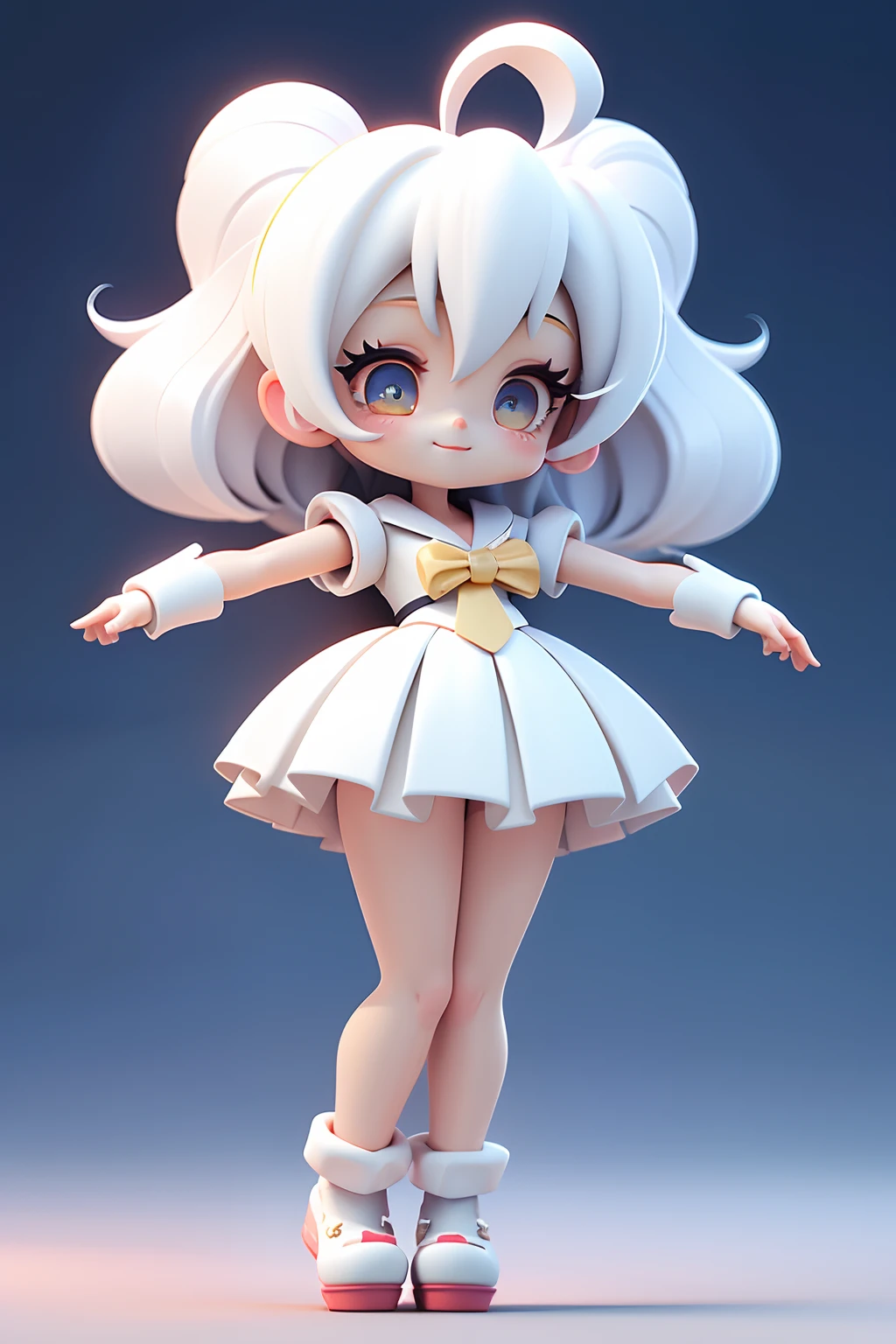 Chibi 3d, 1 girl, cute girl, kawaii, sailor moon, white hair, 8k, standing, smile, super cute, long hair, twintails, crescent moon in forehead, blue eyes, rose accessories, glowing, light particle, photographic, best quality, masterpiece, peace hand sign