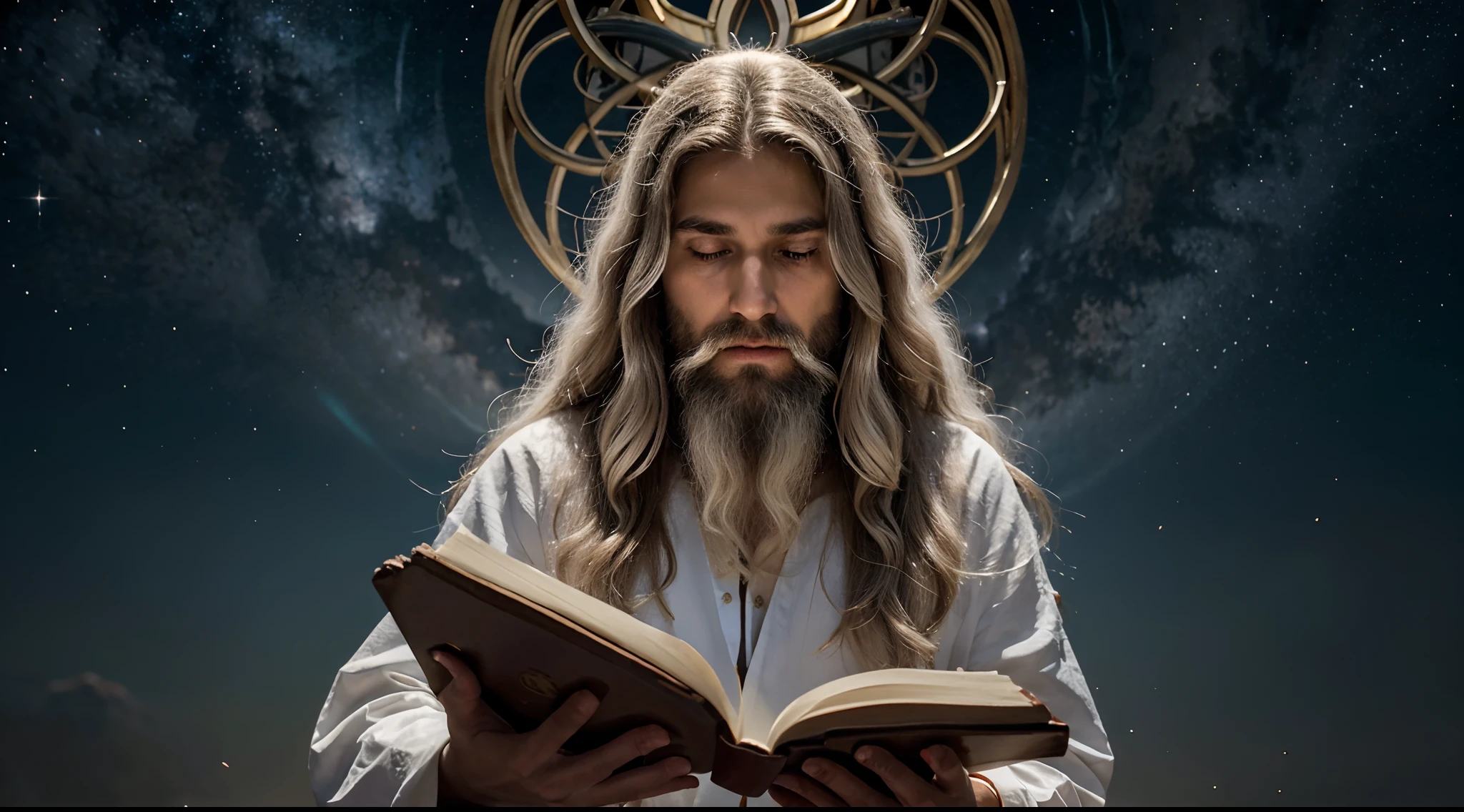 God is portrayed in profile, com o universo como pano de fundo, Highlighting His Omnipotence and Omniscience. Her eyes are deep scarlet, refletindo o infinito do cosmos, simbolizando Sua sabedoria e conhecimento ilimitados. Her hair is white and silver, Flowing gracefully and ethereally, representing His eternity and transcendence. The beard is long and white, symbolizing His infinite age and the wisdom accumulated over countless ages. The face of God radiates patience, bondade e carinho, expressing His infinite love and compassion for all creatures. Sua boca sorri levemente, Emanating Divine Mercy and Grace. In spite of His loving-kindness, Your right hand is raised, ready to punish and correct when necessary, representing his justice and power of judgment. His left hand holds the Book of Life, symbolizing the fulfillment of His promises and His role as guardian of souls. Esta imagem celebra a dualidade de Deus como o ser supremo, sendo, ao mesmo tempo, gentil e rigoroso, compassivo e justo, reflecting His divine nature and the mystery of the universe He created.
