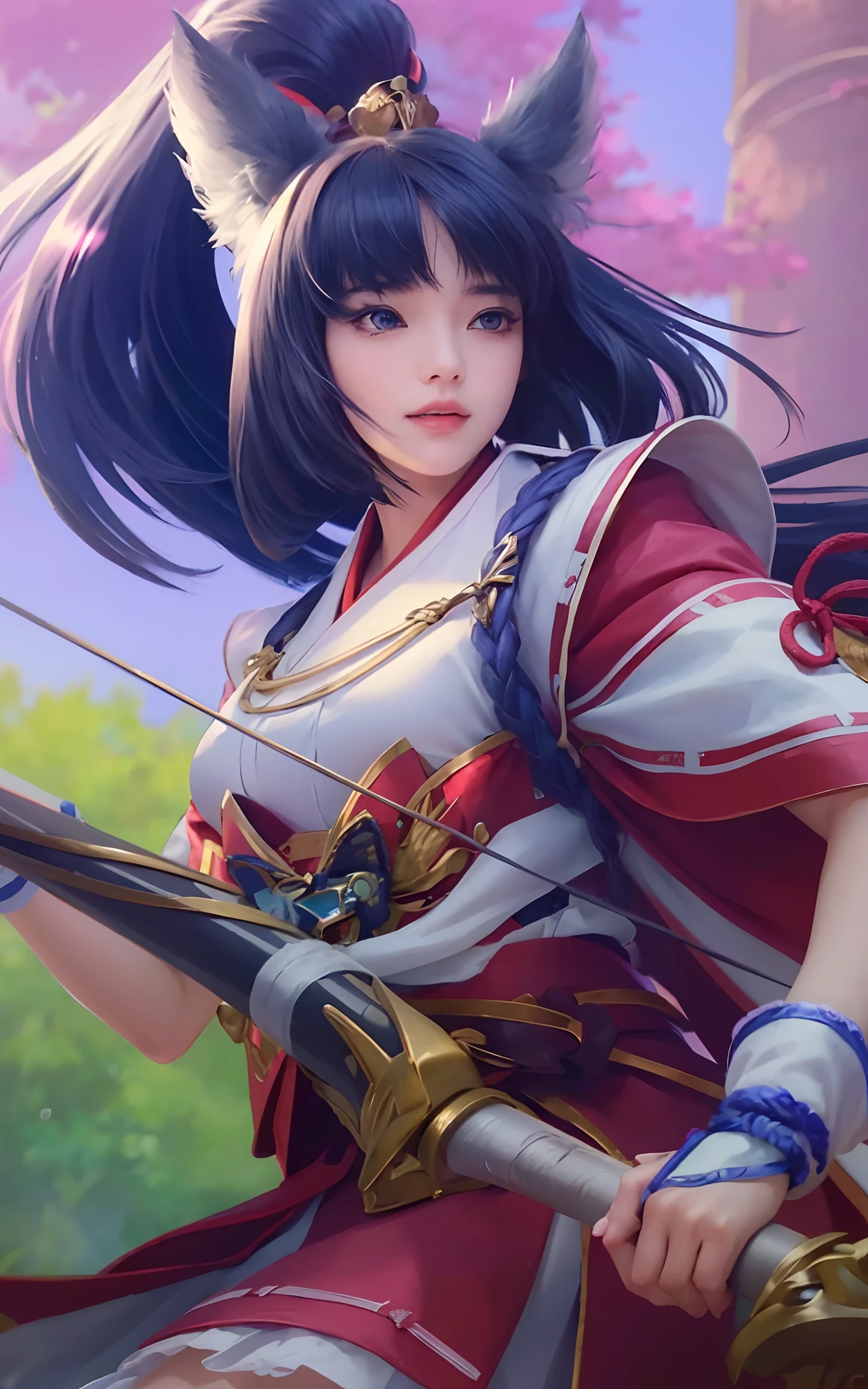 Masterpiece, best picture quality, high quality, beautiful woman, detailed, swollen eyes, detailed eyes, detailed skin, beautiful skin, ultra high resolution, (reality: 1.4),very beautiful, slightly younger face, beautiful skin, slender, (ultra realistic), (illustration), (high resolution), (8K), (very detailed) (best illustration), (beautifully detailed eyes), (super detailed), (wallpaper), (detailed face), looking at viewer, fine details, detailed face, pureerosfaceace_v1, smiling, looking straight ahead, looking straight ahead, angle from waist up, realistic photo, bright lighting, professional lighting, black hair (some of hair part green), long hair, dark ruins, big red moon, gorgeous red and black dress, woman, long stylish bangs,