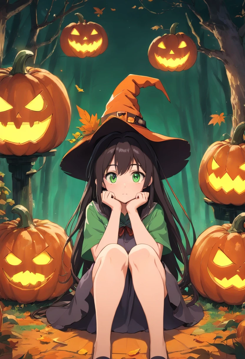 Good in Cheb,1girl in,Strange pumpkin sitting on 1,full-body view,Scary pumpkin bottom,Dressed as a witch,Big witch's hat,Legs_Haute,Mini_skirt by the,grand_lower back,change,ghosts, Halloween, immensity_breastsout,cleavage cutout,red blush,Ahegao_faces,A dark-haired,green colored eyes,Cordi Forum_Pupils,long_Haar,Small size,detaileds,