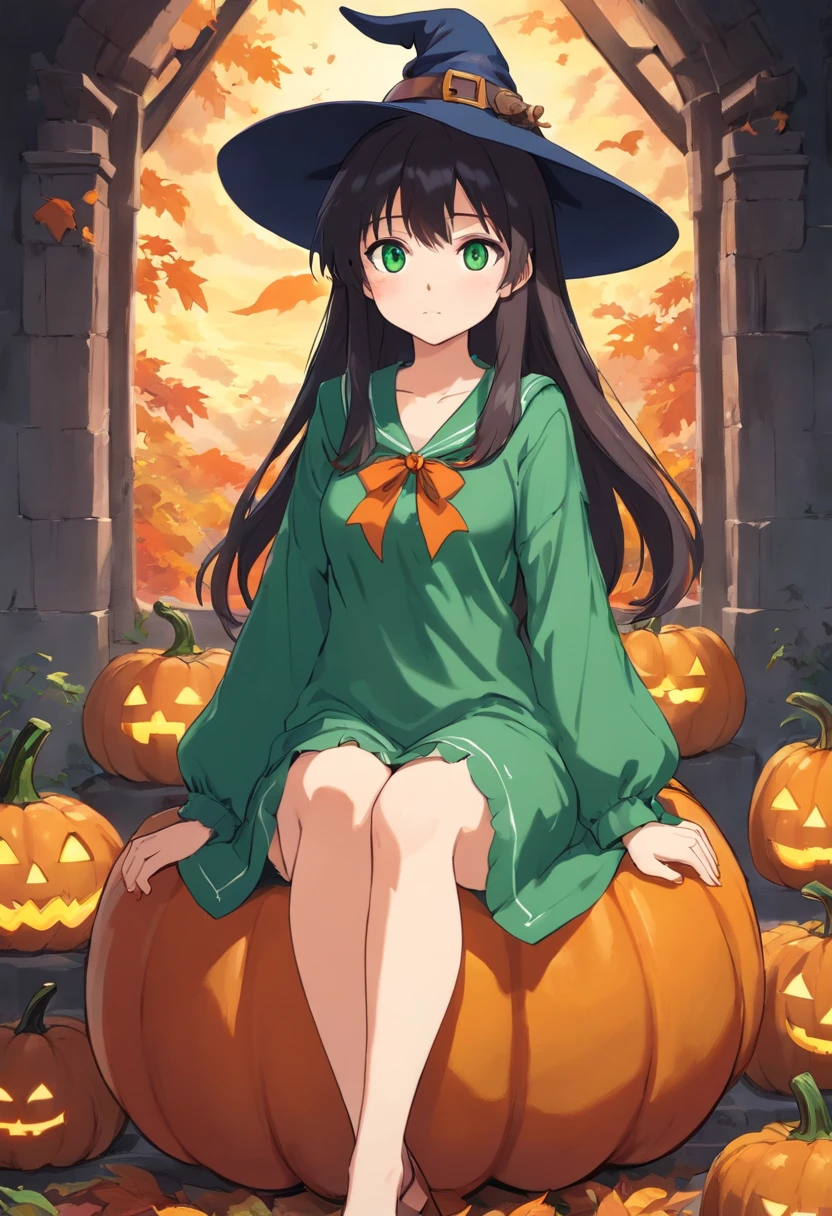 bien en ccheveux,1fille,sitting on 1Strange pumpkin,full body view,Fond de citrouilles effrayantes,Dressed as a witch,Big witch's hat,cuisse_Hauts,Mini_jupe,grand_Hanches,odd,Ghosts, Halloween, gigantesque_poitrine,cleavage cutout,rougissant,Ahegao_visage,cheveux noirs,yeux verts,cordiforme_pupils,long_cheveux,taille minuscule,high detailed,