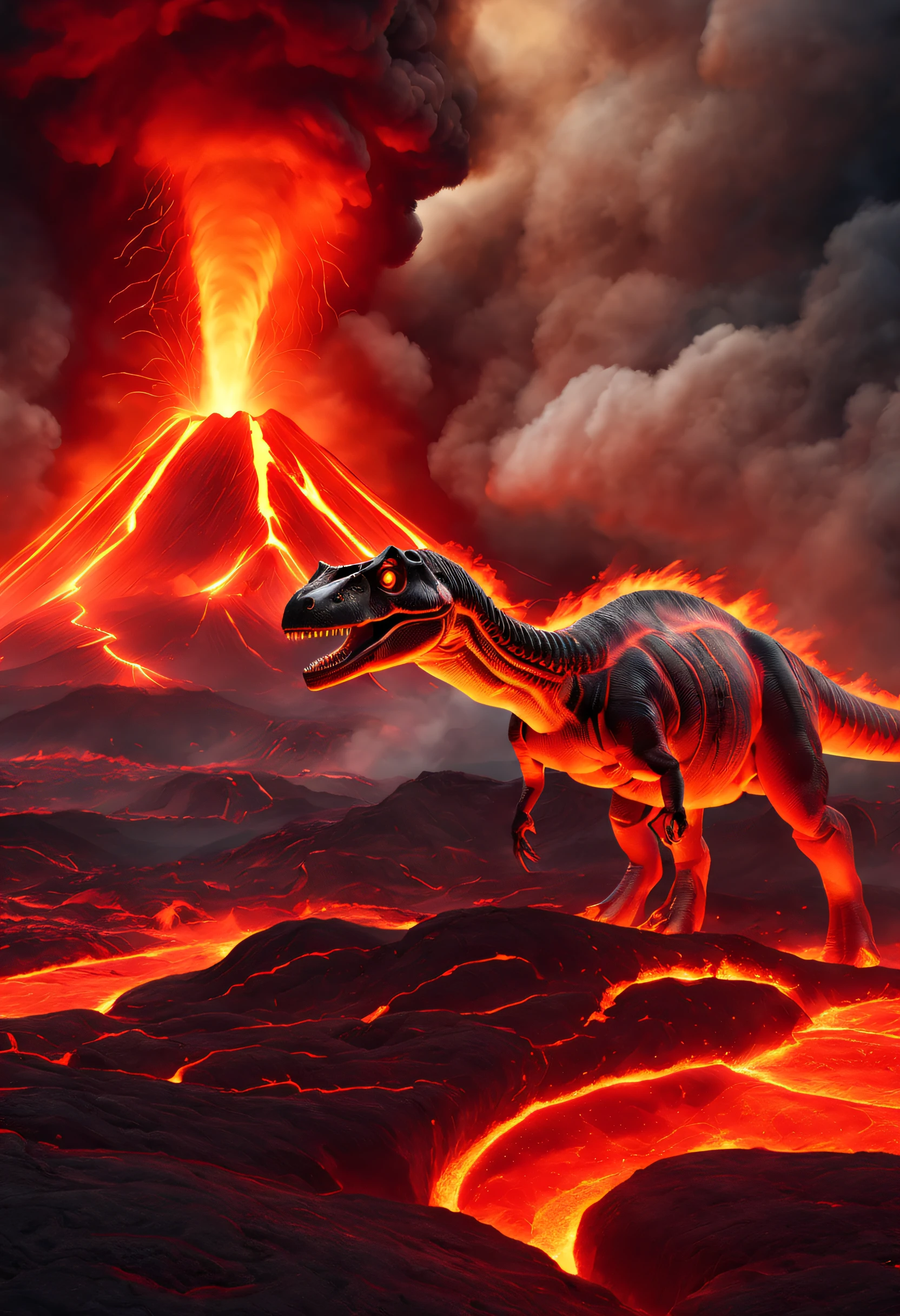 (8K, Highest quality, high resolution, Super detailed), Ancient volcanoes, Major eruptions, Tricererasaurus standing on the ground, molten lava, Shiny red magma, Flowing magma, A massive eruption that wiped out dinosaurs, Black smoke, Lava meteors, natural disaster, Burning earth, fire element