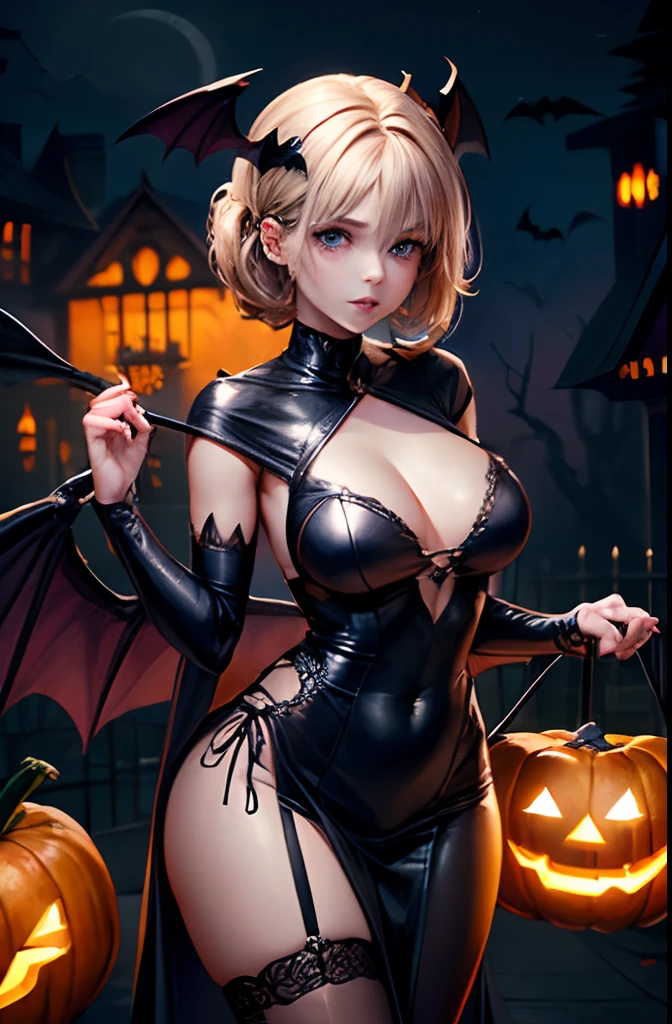 super detailed, Beautiful and aesthetic, ((Extremely beautiful girl)), ((Delicate face)), Beautiful lips, (Delicate eyes), (Beautiful eyes), Perfect proportions, Textured skin, Bat on the back Woman with wings, ((Halloween Cosplay)), Anatomically correct, Pumpkin Ghost, Halloween cityscape background