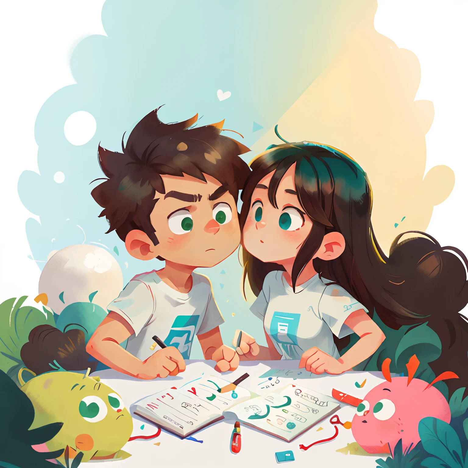 tmasterpiece, beste-Qualit, hight resolution, Guy, black hair, Medium build, quiff, Hair between the eyes, Cyan eyes, white tshirt, Kissing a girl with long dark brown hair, Green eyes, white shirt, big breasts