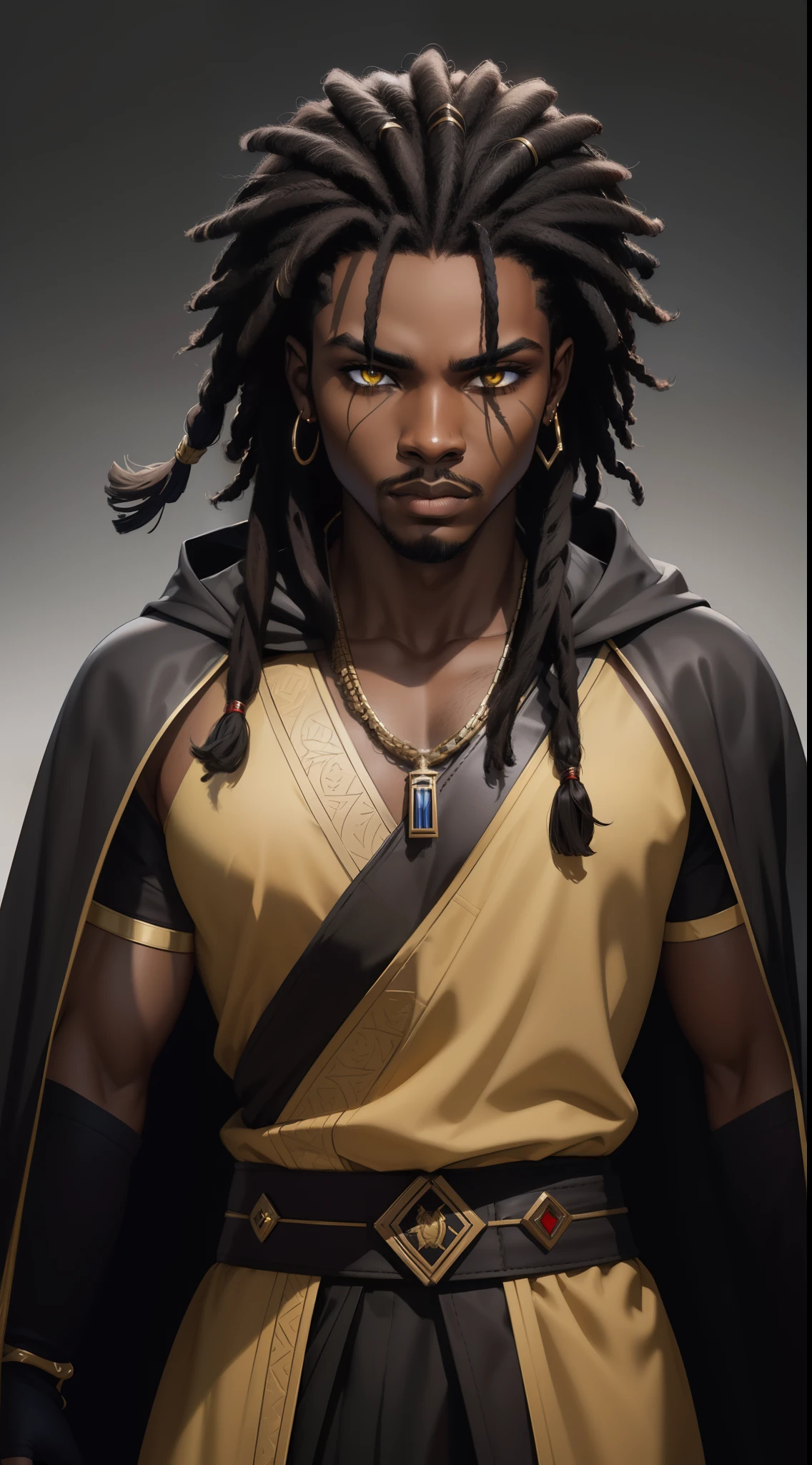 (Concept Art) of an (African-American) male, with dark black (dreadlocks), yellow eyes, dark (brown skin), (regal assassin), sith robes, demon prince, close-up shot, perfect composition, hyper-detailed, 8K, high quality, (perfect eyes), trending art, sharp focus, studio photo, intricate details, action pose