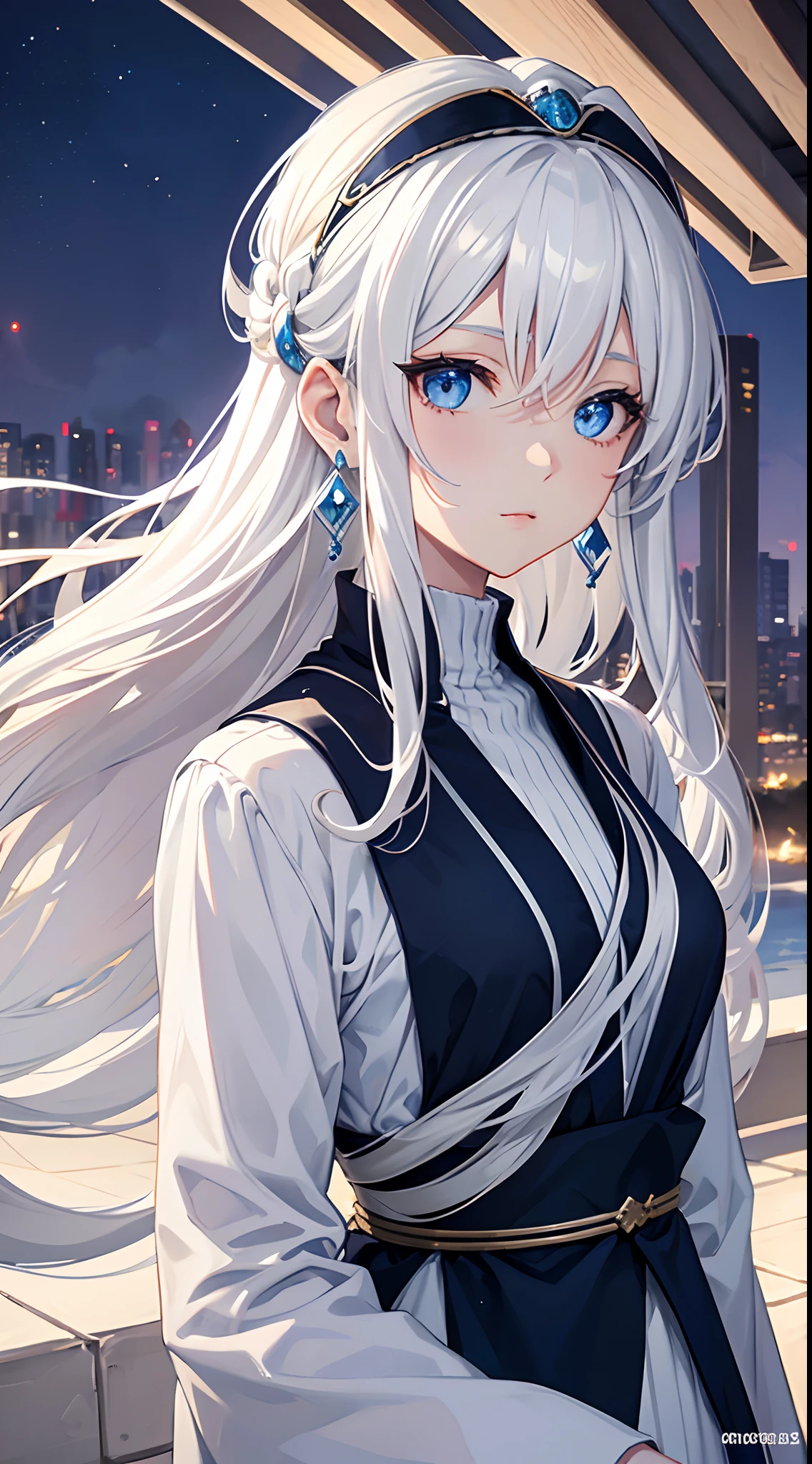 Cover magazine, anime, woman, solo, long hair, white hair, blue eyes, model, beautiful, fantasy, Casual clothes. Hair accessories. Unusual hairstyles. Earrings.
