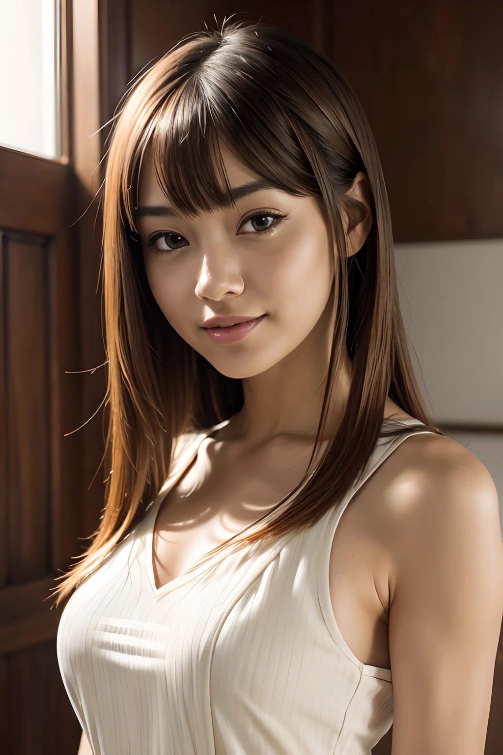 Japanese women、50 years old、Medium-haired brown hair、Wavy Hair、nude
