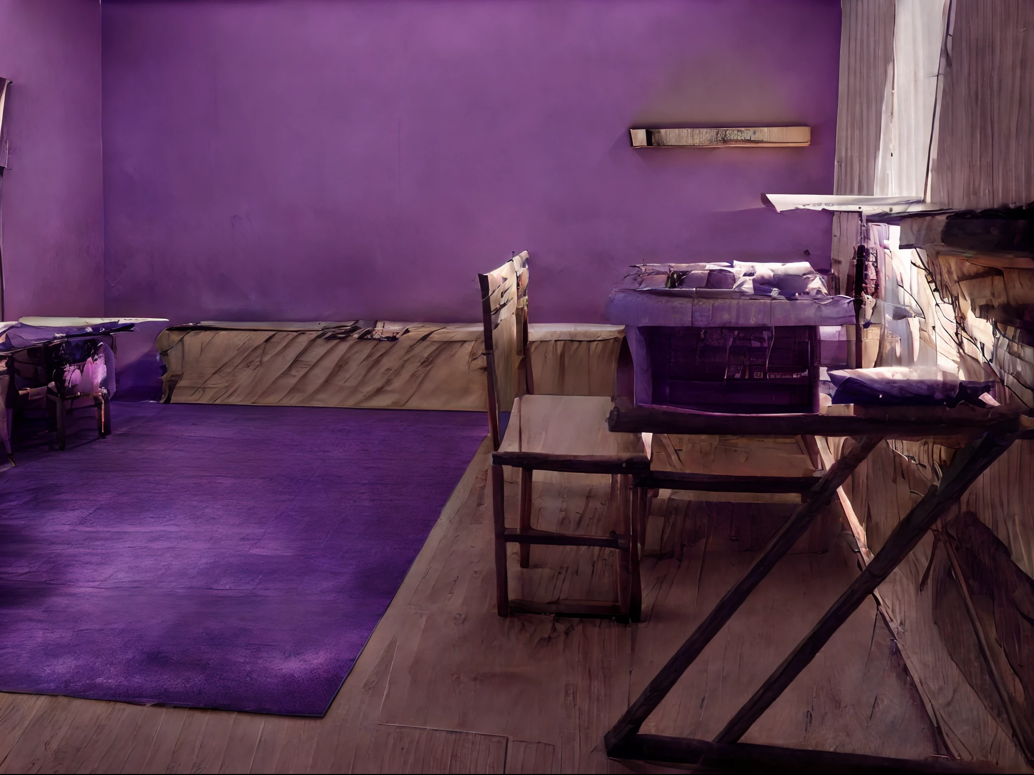 purple mat on the floor, completely filled space, indoor setting, photograph of 3d ios room, full subject shown in photo, high light on the left, beautiful creative space behind, indoor picture, low light room, with backdrop of natural light, peaceful environment, whole room, small room, hidden area, an escape room in a small