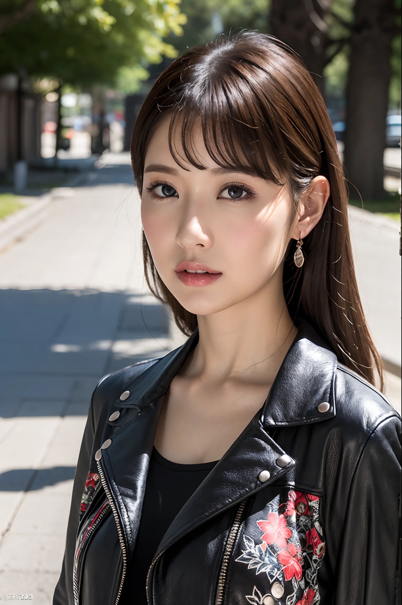 Winter scene、Snow Run、((Maxi dress with print pattern、leather jackets))、depth of fields,Real Light,Ray traching,OC Renderer,UE5 Renderer,Hyper-realistic,best qualtiy,8K,Works of masters,super-fine,Correct anatomy、Asian woman posing, (8K、RAW Photos、top-quality、masterpiece:1.2)、(realisitic、Photorealsitic:1.37)、25-years old、女の子1人、light brown hair、详细的脸、Detailed lips、detailedeyes、(huge-breasted:1.3)、Alafed Women、full-body view、