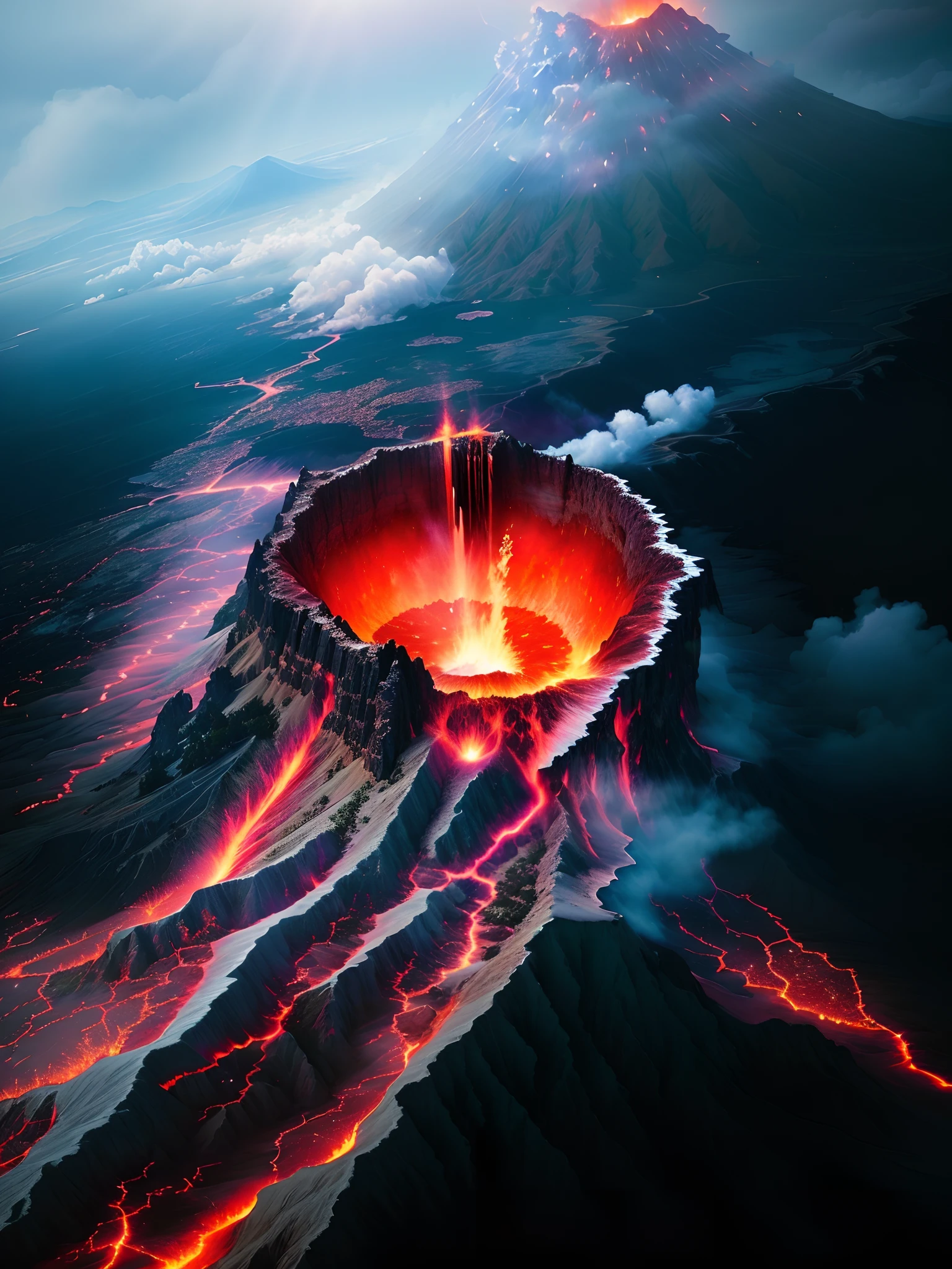 (((Masterpiece))), (((Best quality))), ((intricately details)), ((1.4x realism)), Lots of lightning and purple lightning, ((Aerial aerial aerial shot),(Masterpiece, High quality, Best quality, offcial art, Beauty and aesthetics:1.2),(fire element:1.1),Composed of fire elements,Burning, (a volcano erupts, Close-up of the crater:1.5),Fire,Molten rock,火焰,Flame print,Smoke,Cloud), Beautiful background, Light particles, suns rays, Dramatic lighting, Cinematic lighting, (midnight), (Irregular), (mysterious), (ridiculous), Dreamy