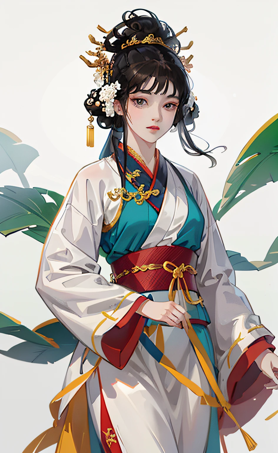 A girl, ancient Chinese costume, whole body, sunshine, clear face, clean white background, masterpiece, super detail, epic composition, ultra HD, high quality, extremely detailed, official art, uniform 8k wallpaper, super detail, 32k