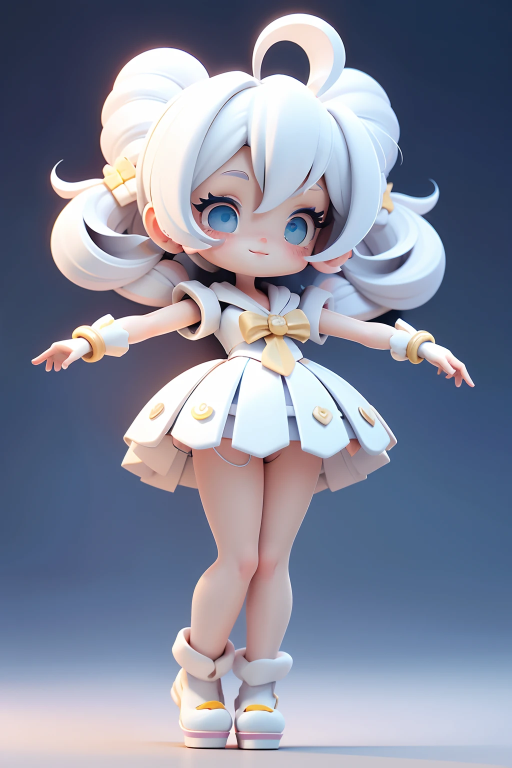 Chibi 3d, 1 girl, cute girl, kawaii, sailor moon, white hair, 8k, standing, smile, super cute, long hair, twintails, crescent moon in forehead, blue eyes, rose accessories, glowing, light particle, photographic, best quality, masterpiece, peace hand sign