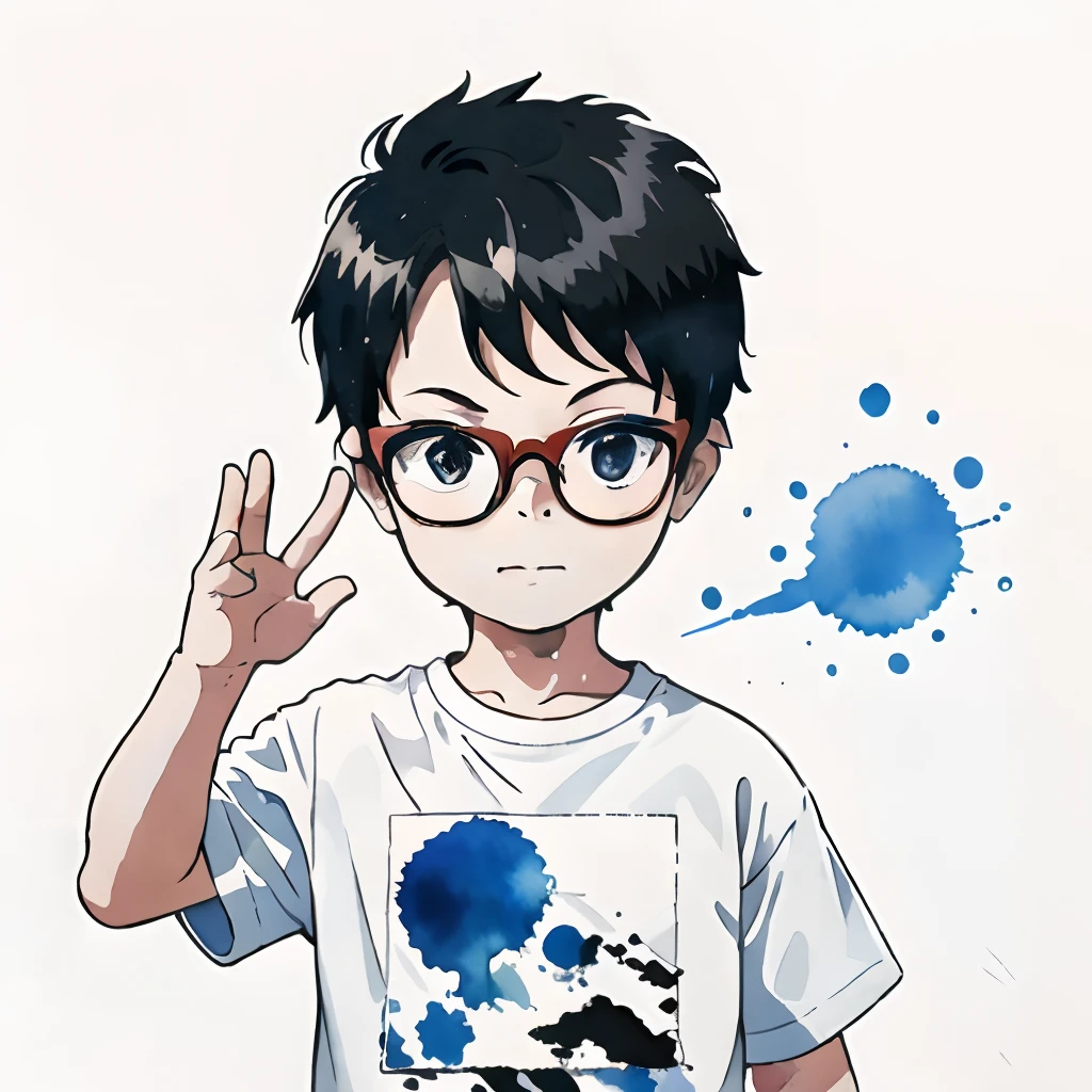 vector t-shirt design, minimalistic ink drawing style, vanishing point on white paper, a 3y.o boy wearing glasses. watercolor splash, in black and white, but with only a few red and blue eccents ,art incorporated as complimentary elements, photo, cinematic, 3d render, illustration