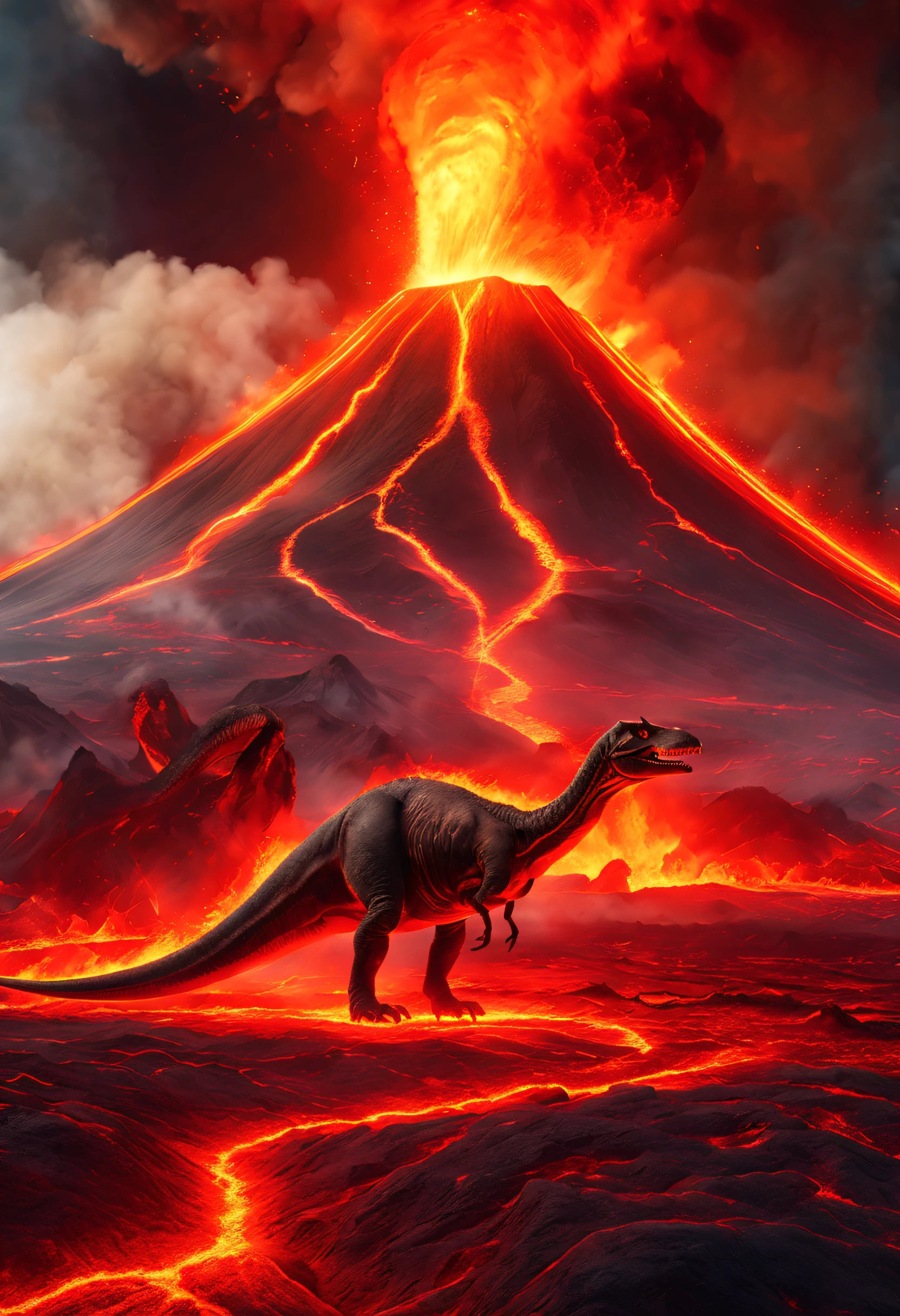 (8K, Highest quality, high resolution, Super detailed), Ancient volcanoes, Major eruptions, Tricererasaurus on the ground,  fire element，molten lava, Shiny red magma, Flowing magma, A massive eruption that wiped out dinosaurs, Black smoke, Lava meteors, natural disaster, Burning earth, theelementoffire